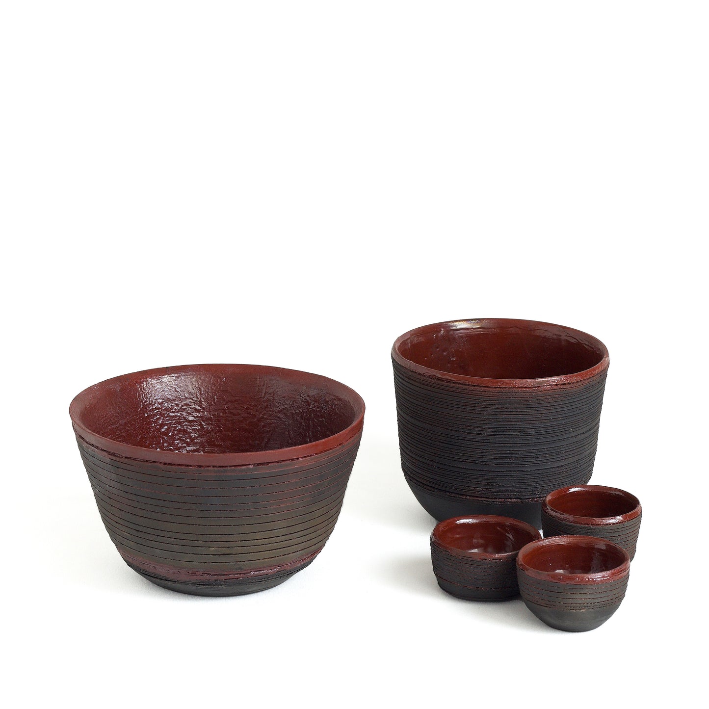 Modern Arkonnen Sake Set of 3 Striped Ceramic Black Red Dune