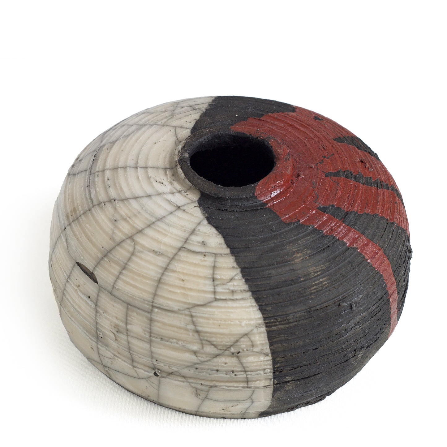 Japanese Modern Nauru Sculpture Raku Ceramic Green White Black Metal