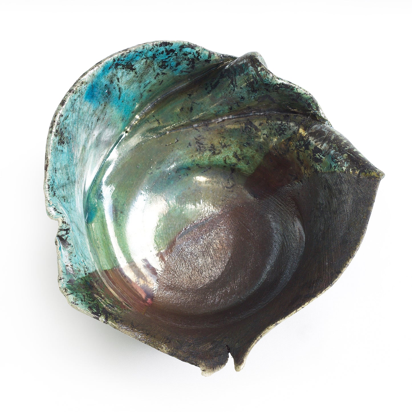 Modern Flower Bowl Raku Ceramic Black White Green Crackle Metal