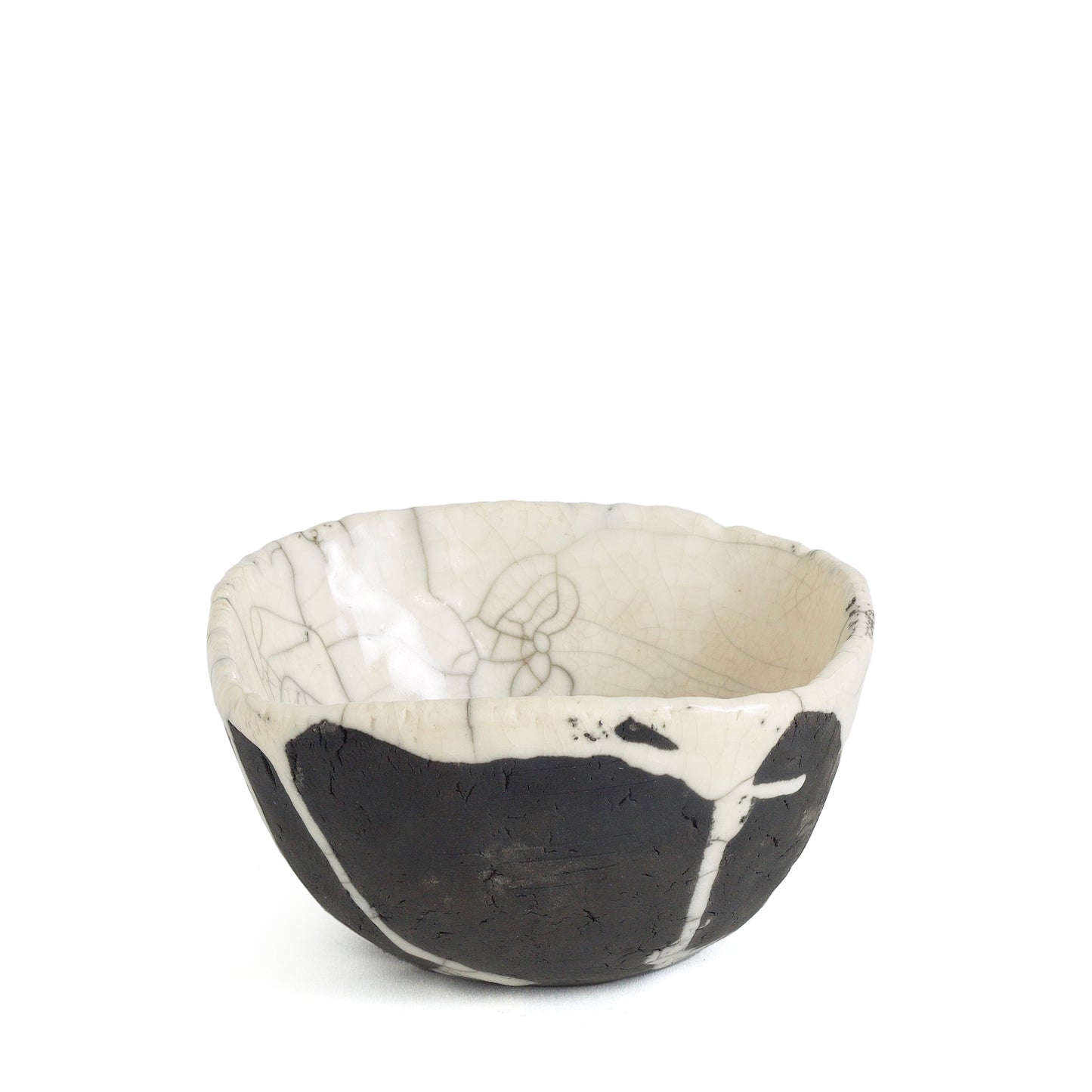 Ancient Dripping Small Bowl Ceramic Raku Crackle Black White