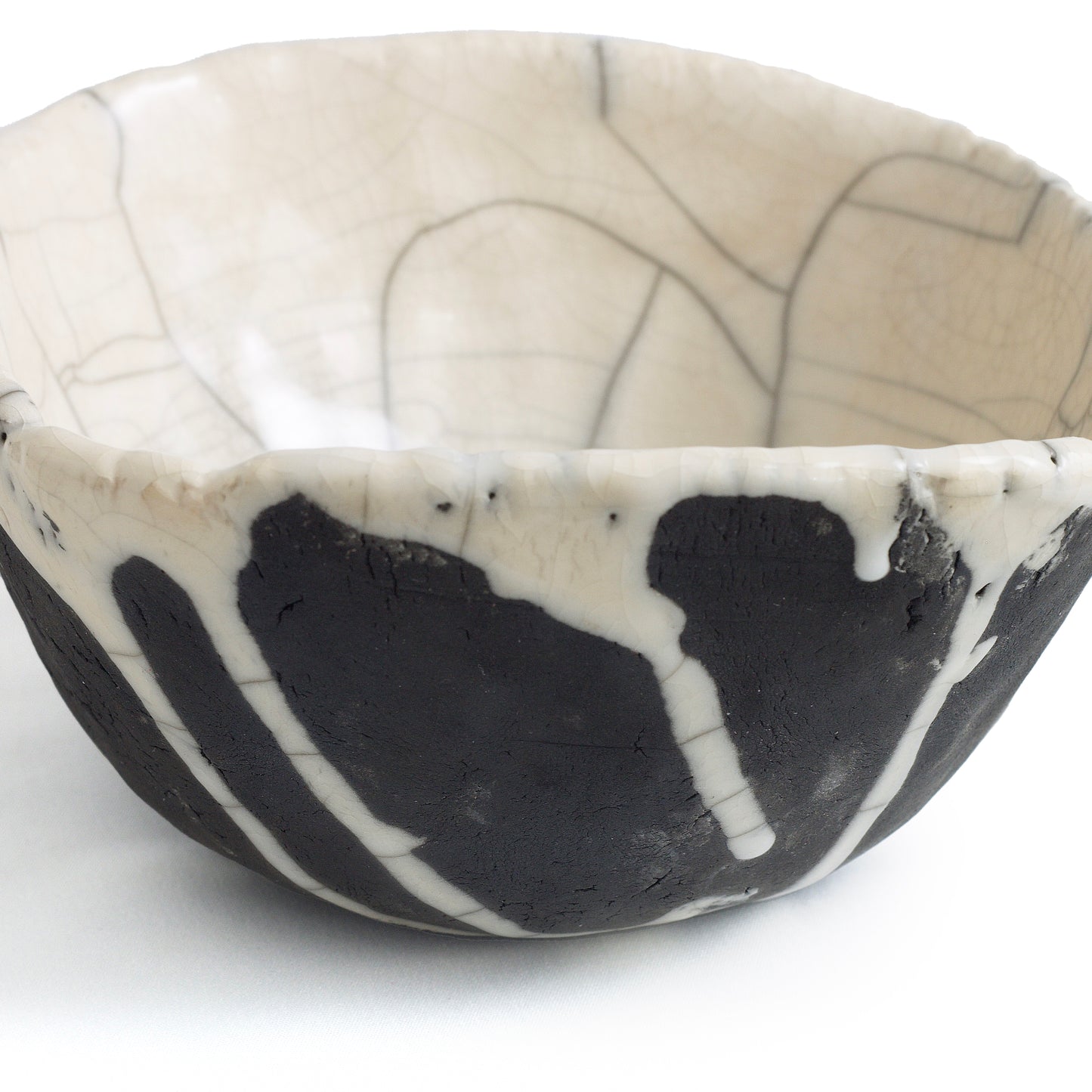 Ancient Dripping Small Bowl Ceramic Raku Crackle Black White