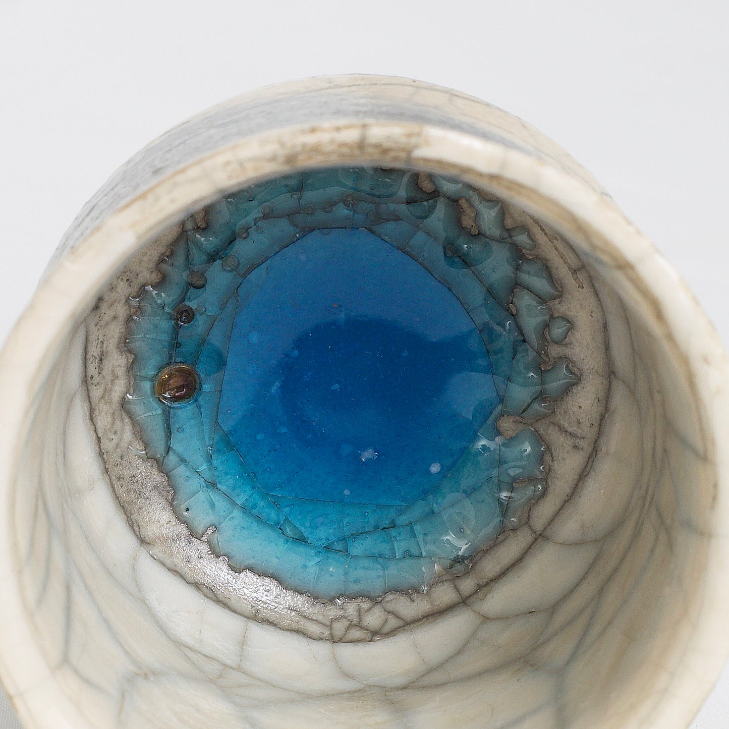 Japanese Tea Cup Raku Ceramic Unique Glass Bottom White Grey Raku