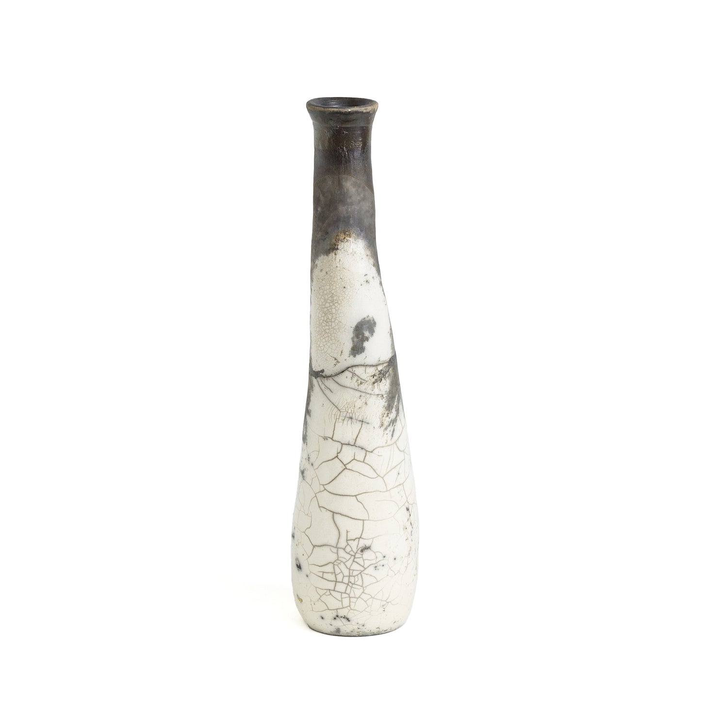 Japanese Modern Stelo Curved Candle Holder Raku Ceramic White Crackle Black