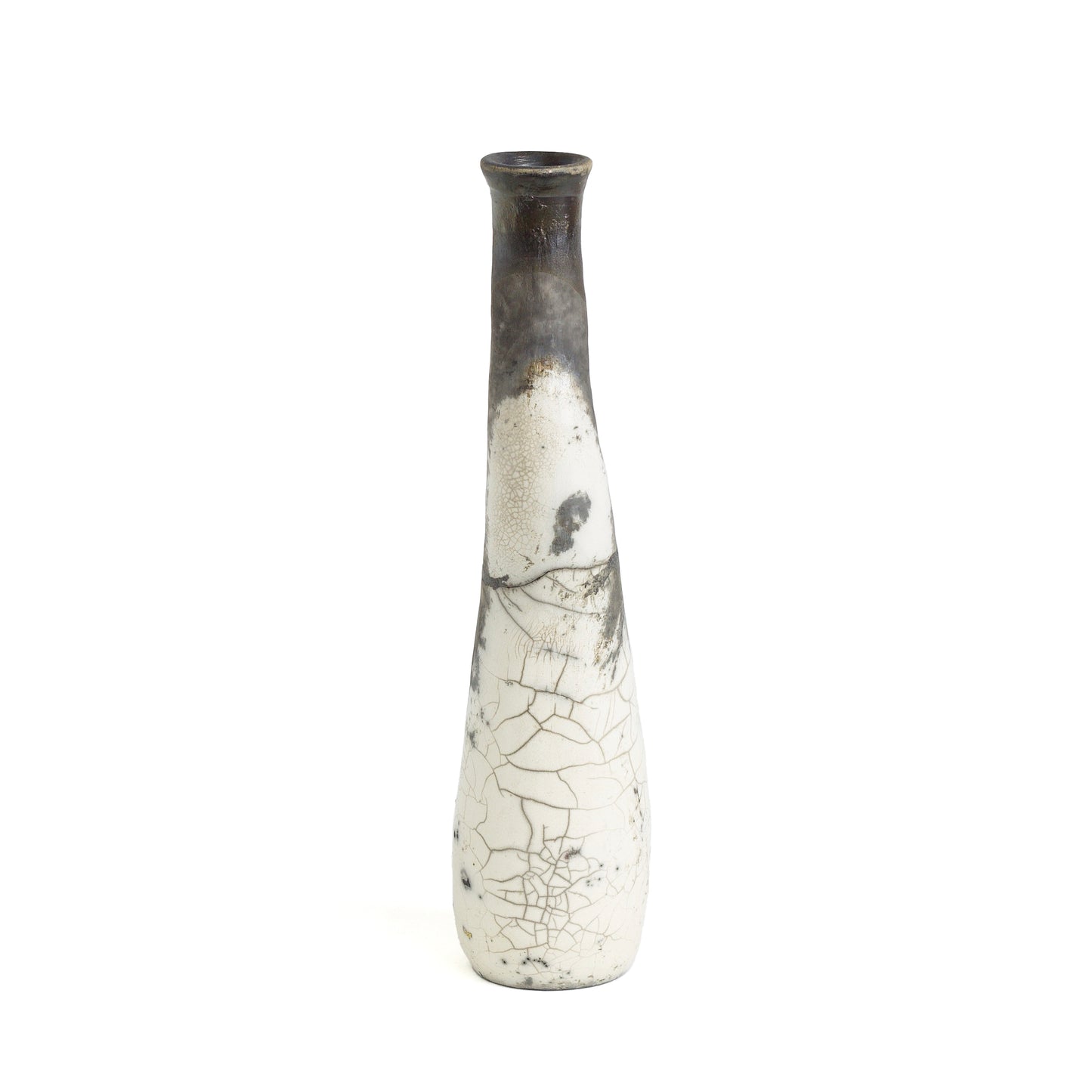 Japanese Modern Stelo Curved Candle Holder Raku Ceramic White Crackle Black