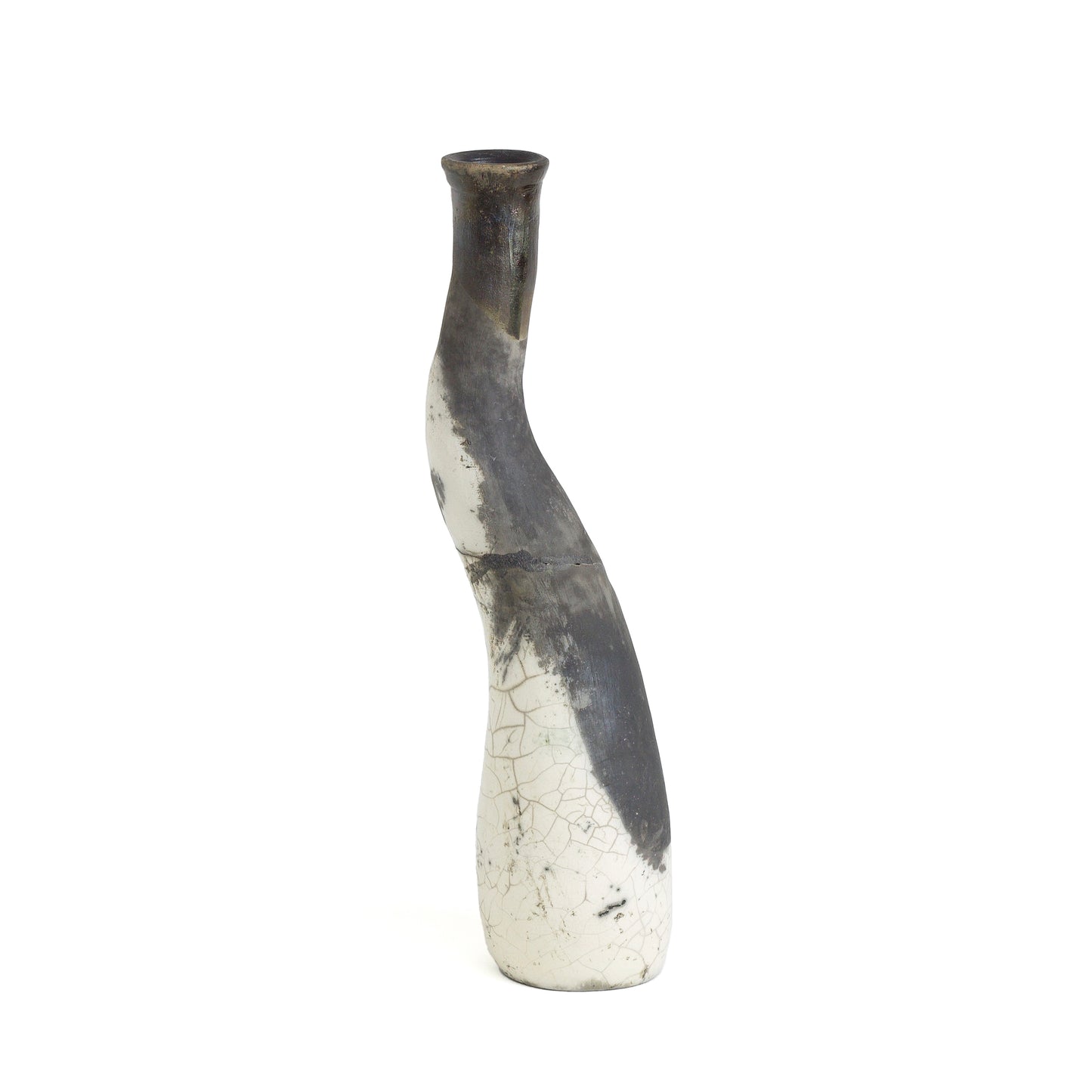 Japanese Modern Stelo Curved Candle Holder Raku Ceramic White Crackle Black