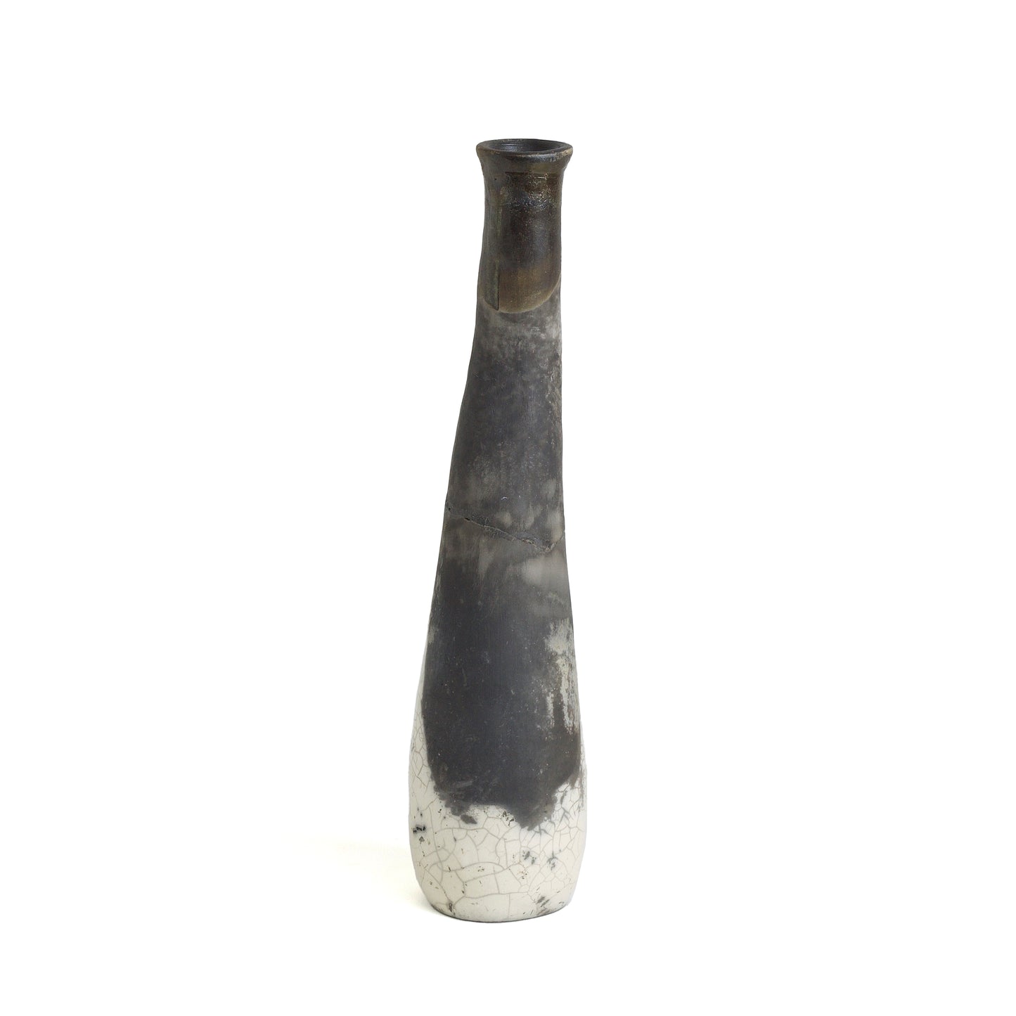 Japanese Modern Stelo Curved Candle Holder Raku Ceramic White Crackle Black