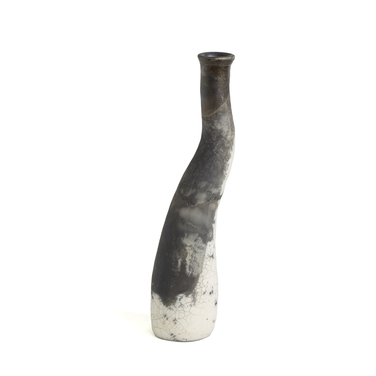 Japanese Modern Stelo Curved Candle Holder Raku Ceramic White Crackle Black
