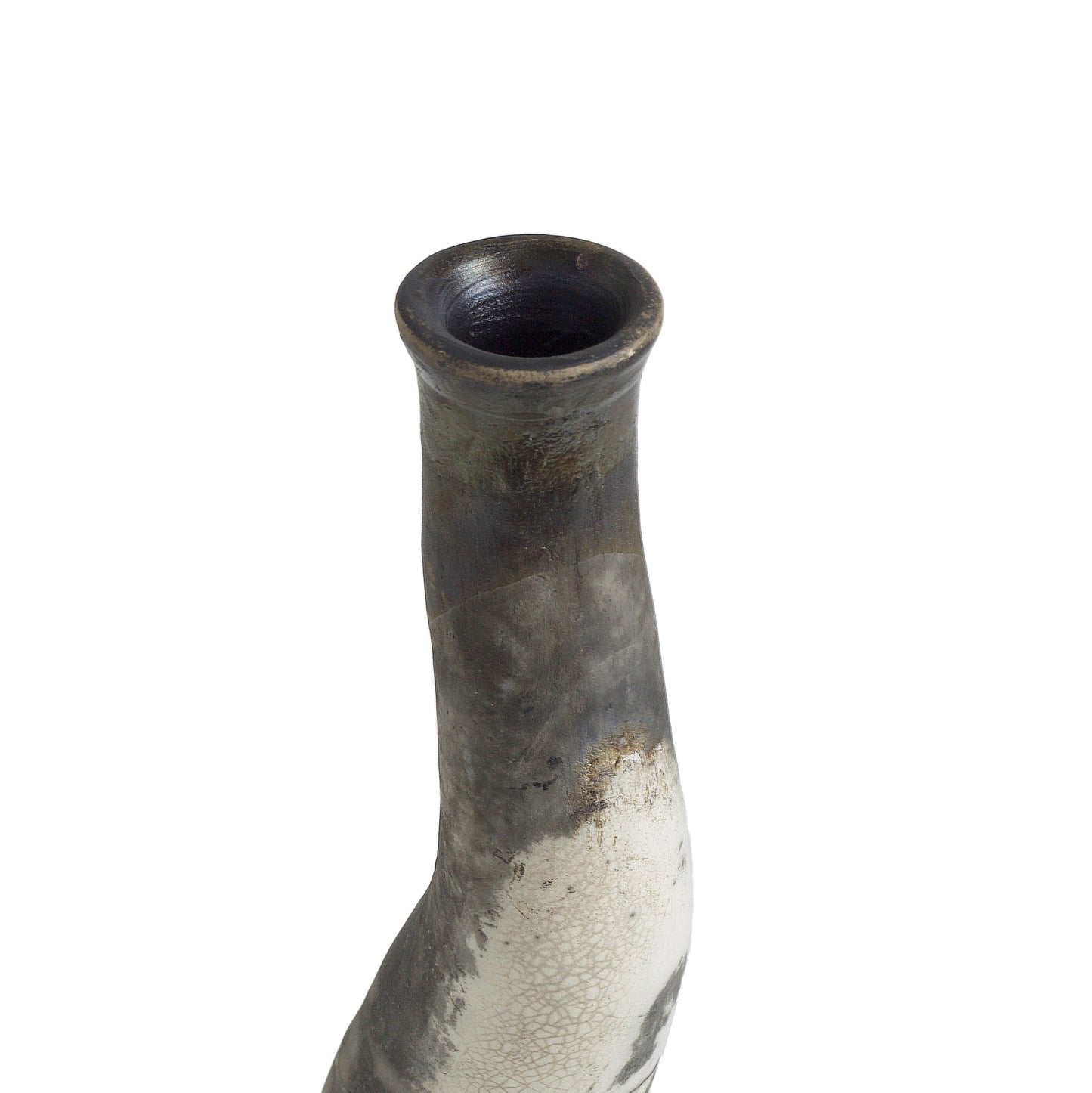 Japanese Modern Stelo Curved Candle Holder Raku Ceramic White Crackle Black
