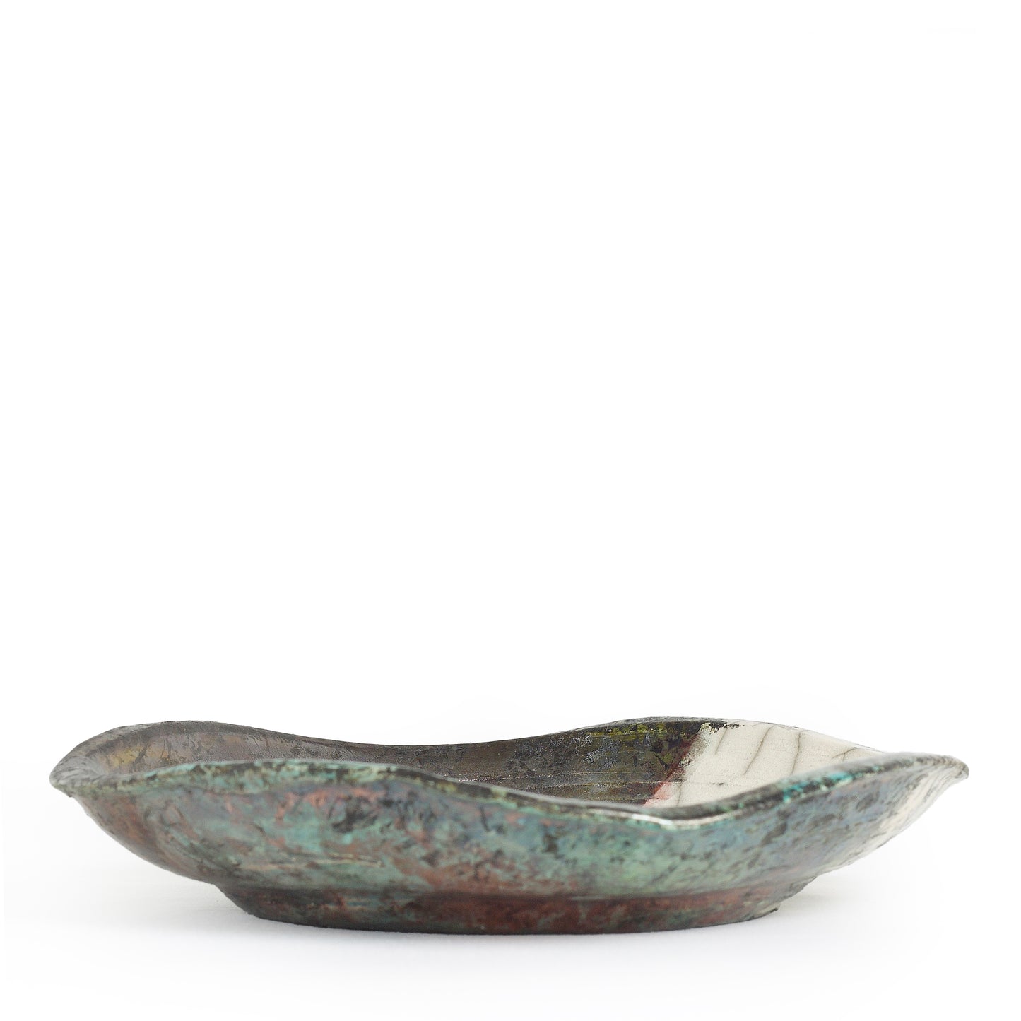 Modern Wavy Plate Raku Ceramic Black White Green Crackle Metal