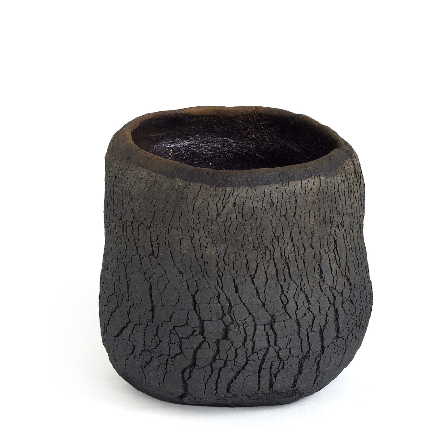 Modern Wildfire Vase Raku Ceramic Black Burnt and Metal Irregular Shape
