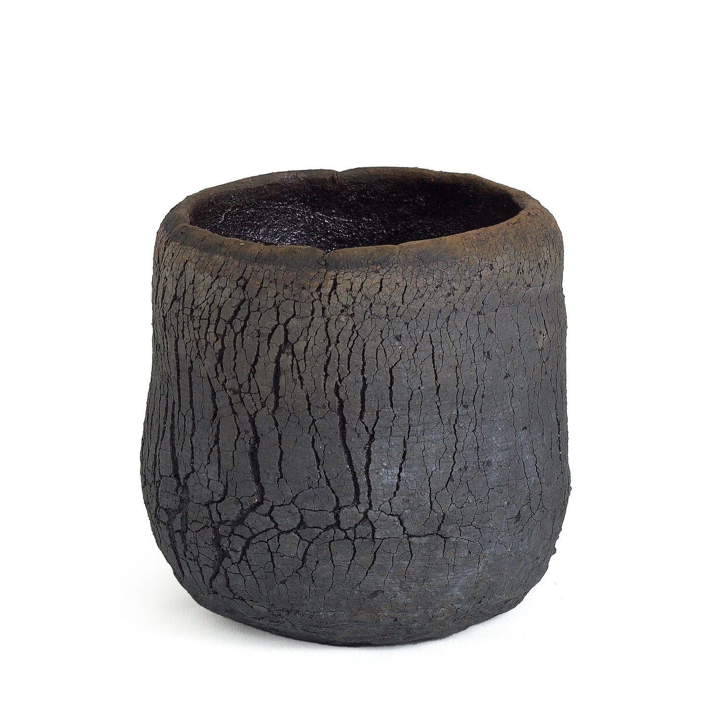 Modern Wildfire Vase Raku Ceramic Black Burnt and Metal Irregular Shape