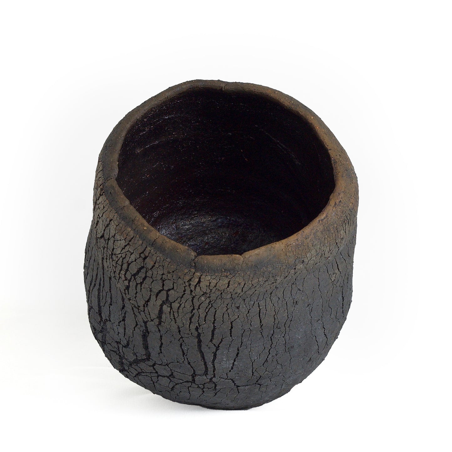 Modern Wildfire Vase Raku Ceramic Black Burnt and Metal Irregular Shape