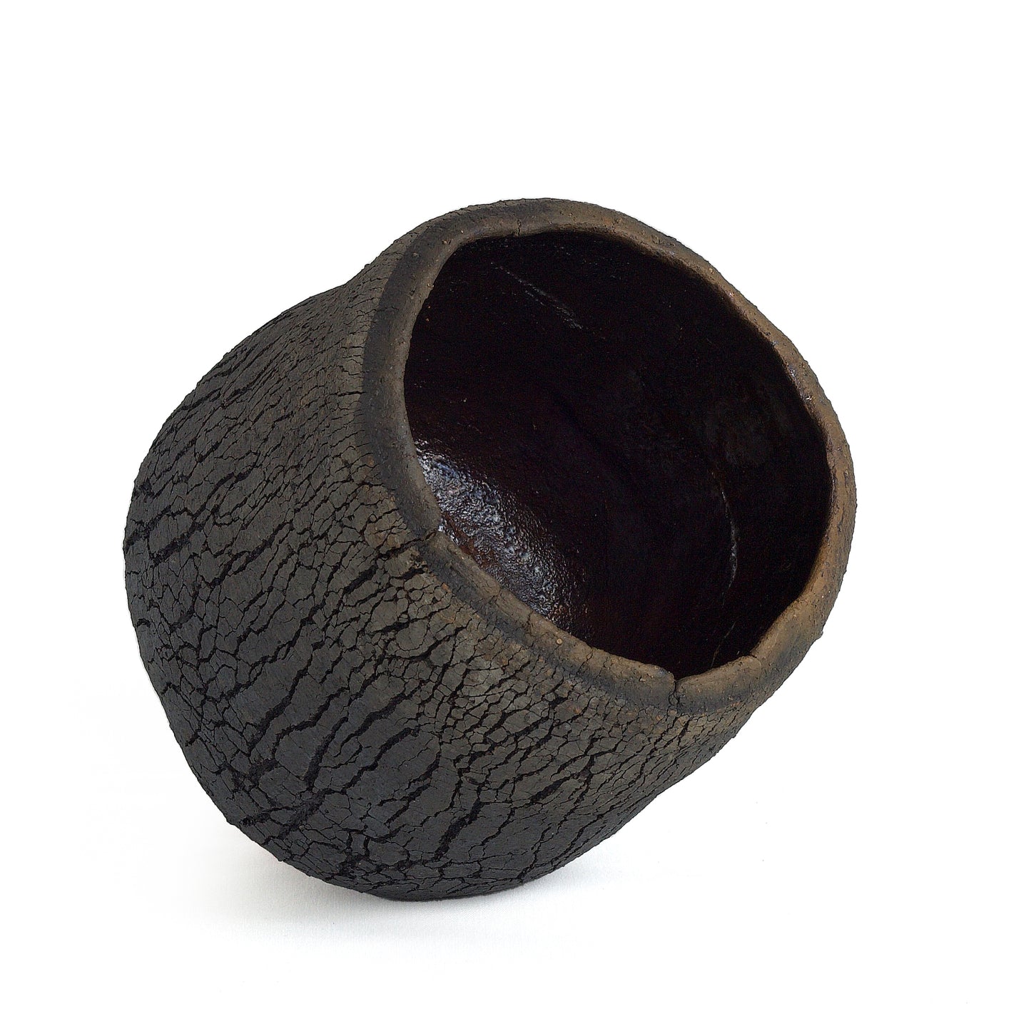 Modern Wildfire Vase Raku Ceramic Black Burnt and Metal Irregular Shape