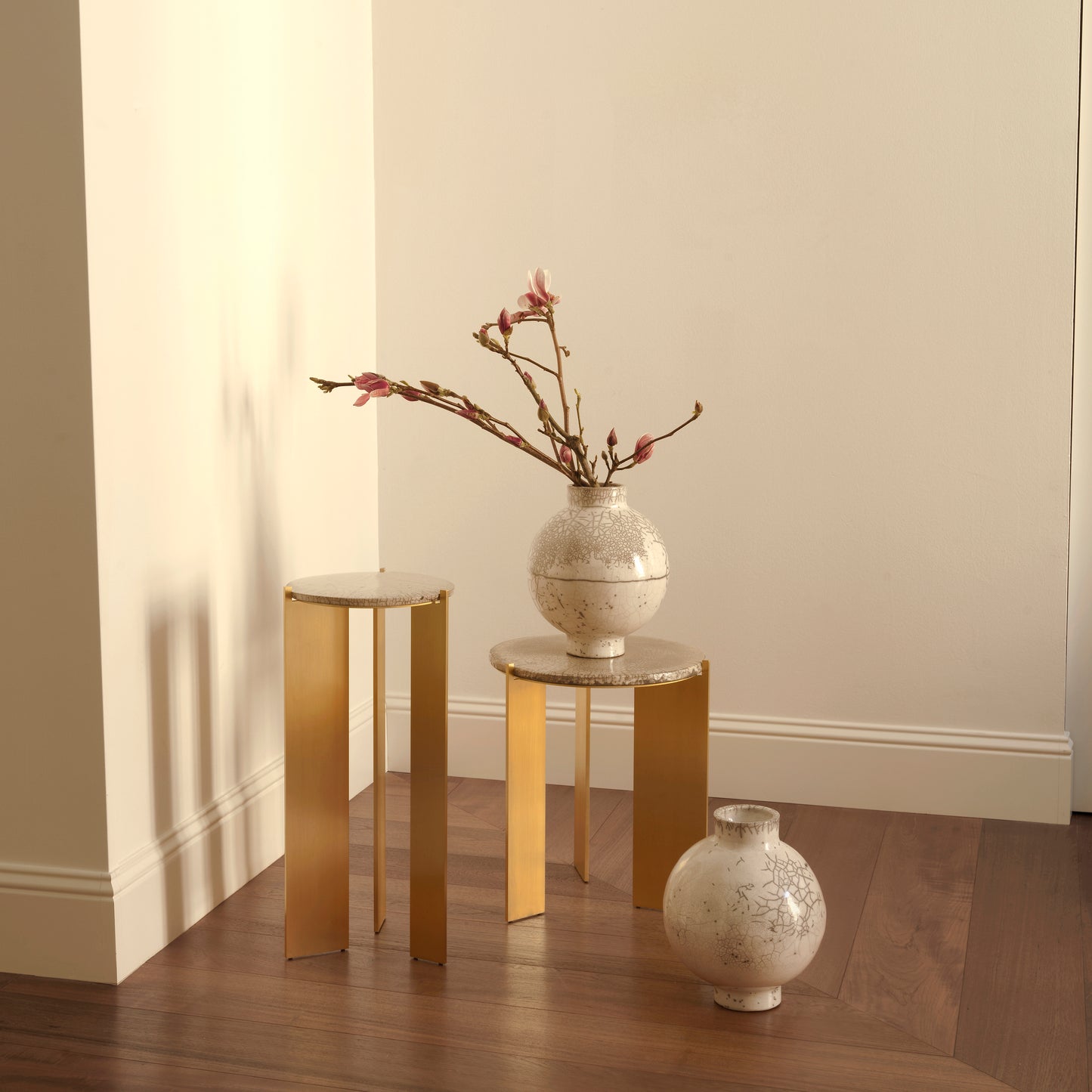 Modern Living Room Coffee Table Y RIRU 42 with Brass Legs and Raku Ceramic Top