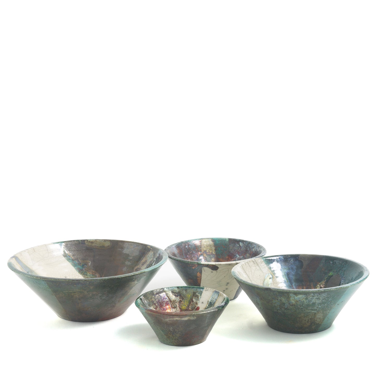Japanese Minimalistic Aurora Set of 4 Bowls Raku Ceramics White Green Metal
