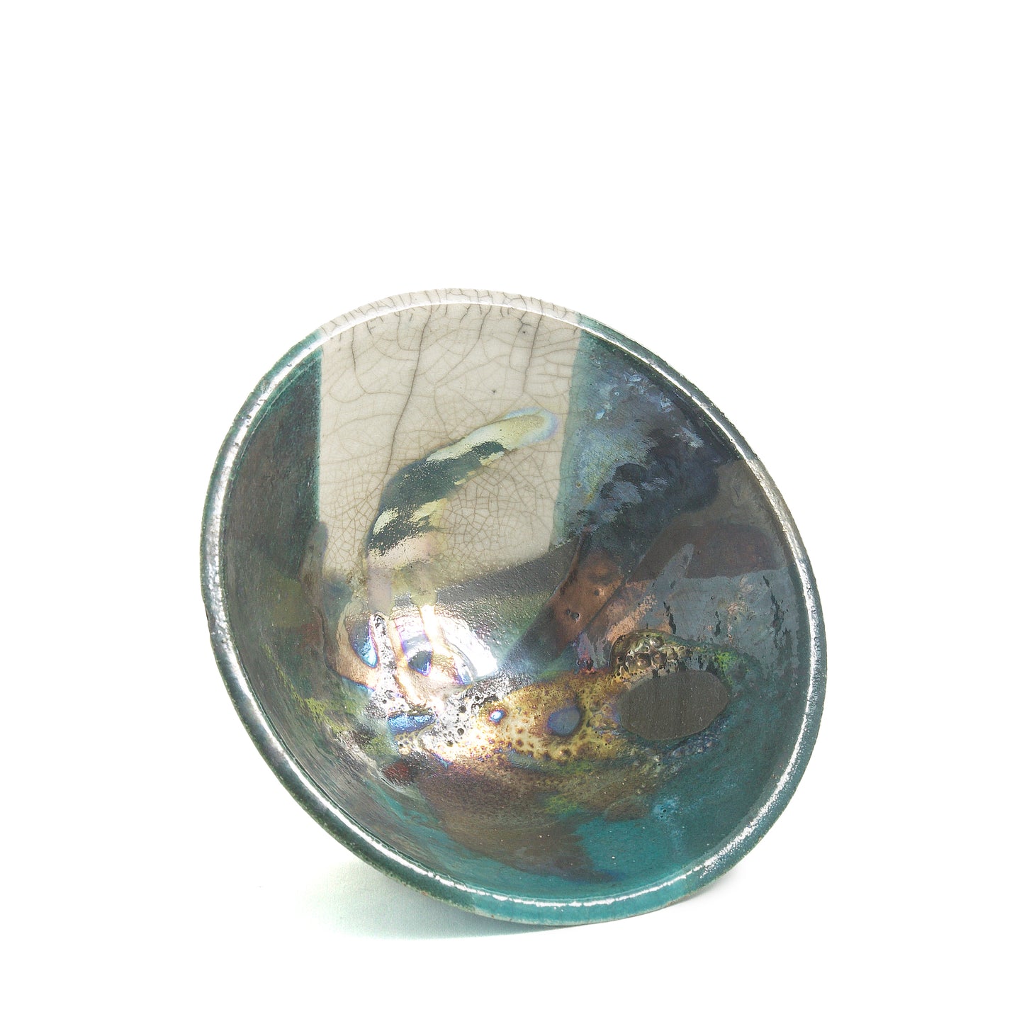 Japanese Minimalistic Aurora Set of 4 Bowls Raku Ceramics White Green Metal