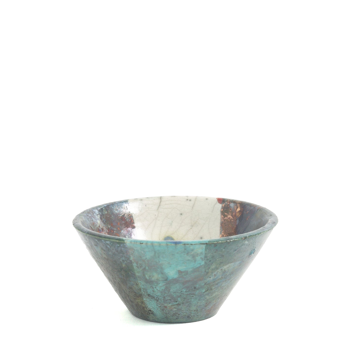 Japanese Minimalistic Aurora Set of 4 Bowls Raku Ceramics White Green Metal
