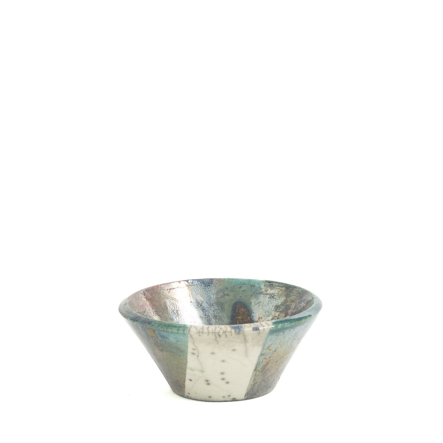 Japanese Minimalistic Aurora Set of 4 Bowls Raku Ceramics White Green Metal