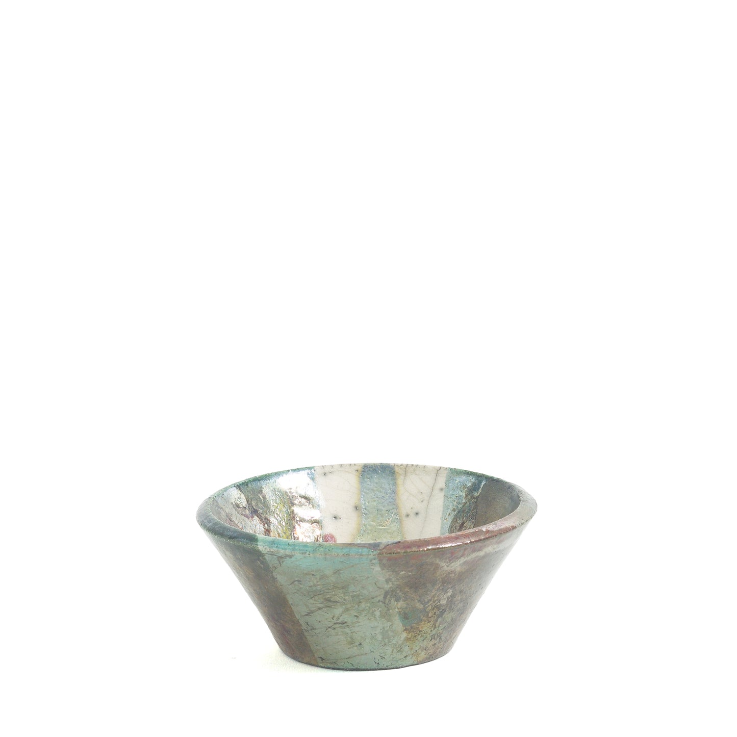 Japanese Minimalistic Aurora Set of 4 Bowls Raku Ceramics White Green Metal
