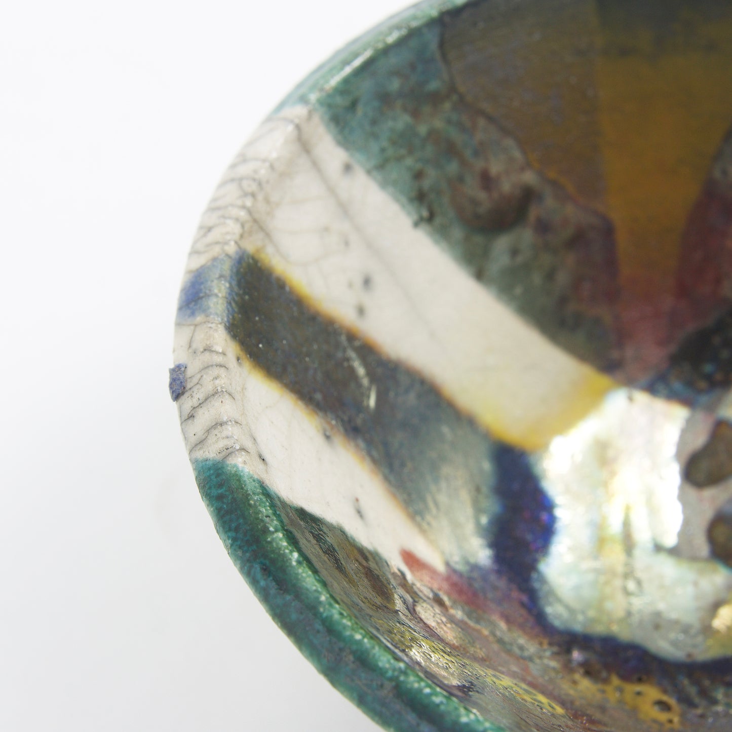 Japanese Minimalistic Aurora Set of 4 Bowls Raku Ceramics White Green Metal