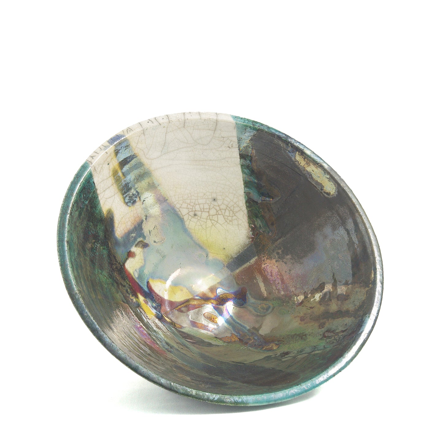 Japanese Minimalistic Aurora Set of 4 Bowls Raku Ceramics White Green Metal