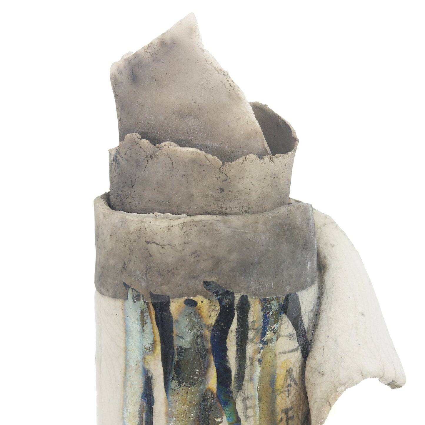 Japanese Modern Civilta' Sculpture Raku Ceramic White Crakle Metal Kanji