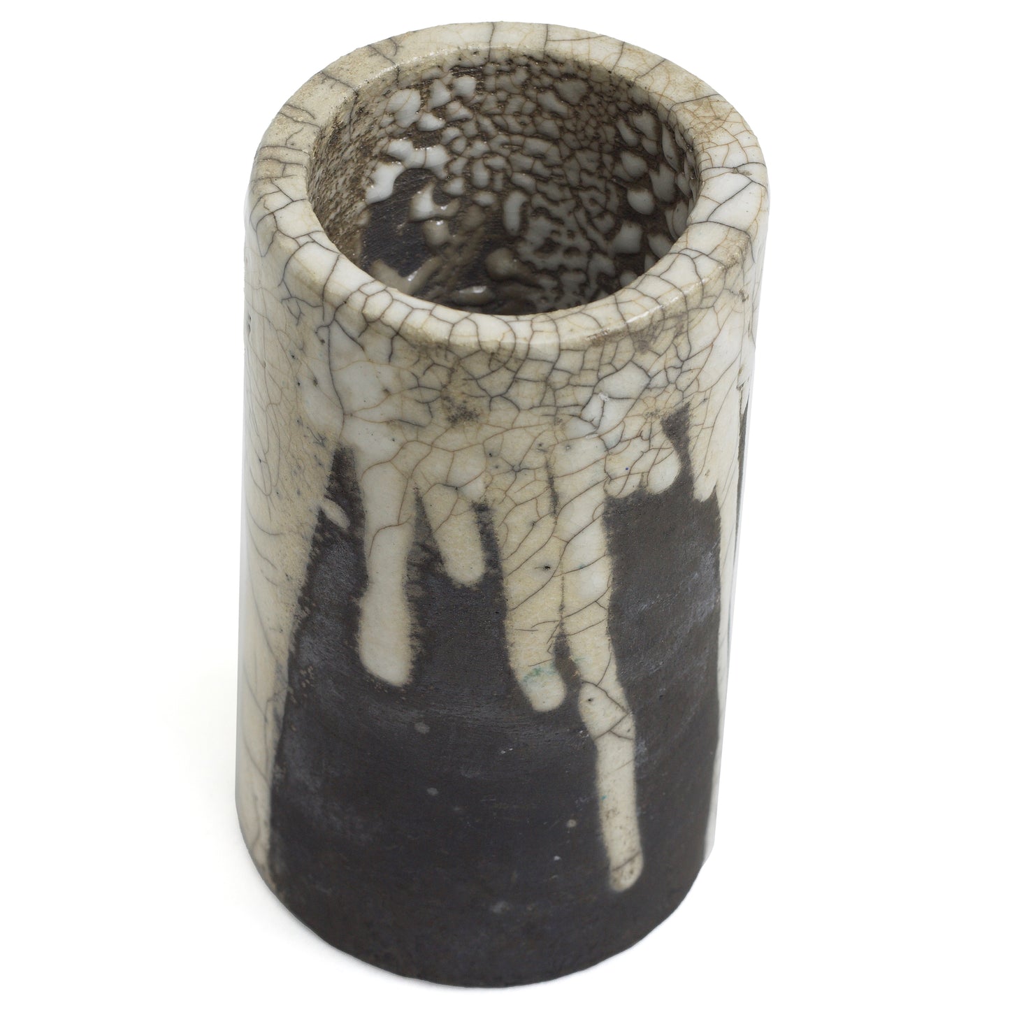 Japanese Modern Magma Pen Holder Raku Ceramic Black White Crakle