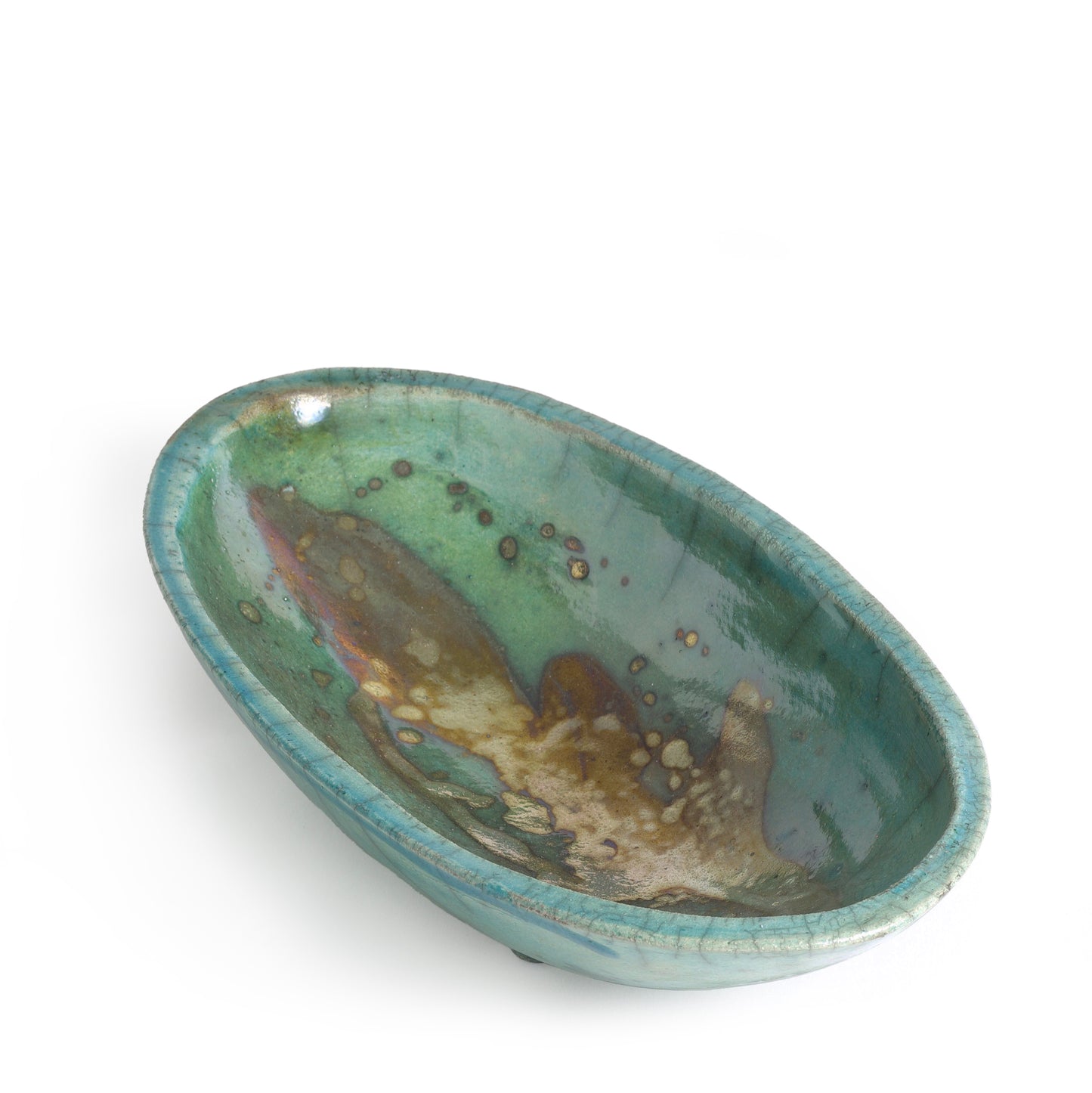 Japanese Modern Long Bowl Legged Raku Ceramic Green Copper