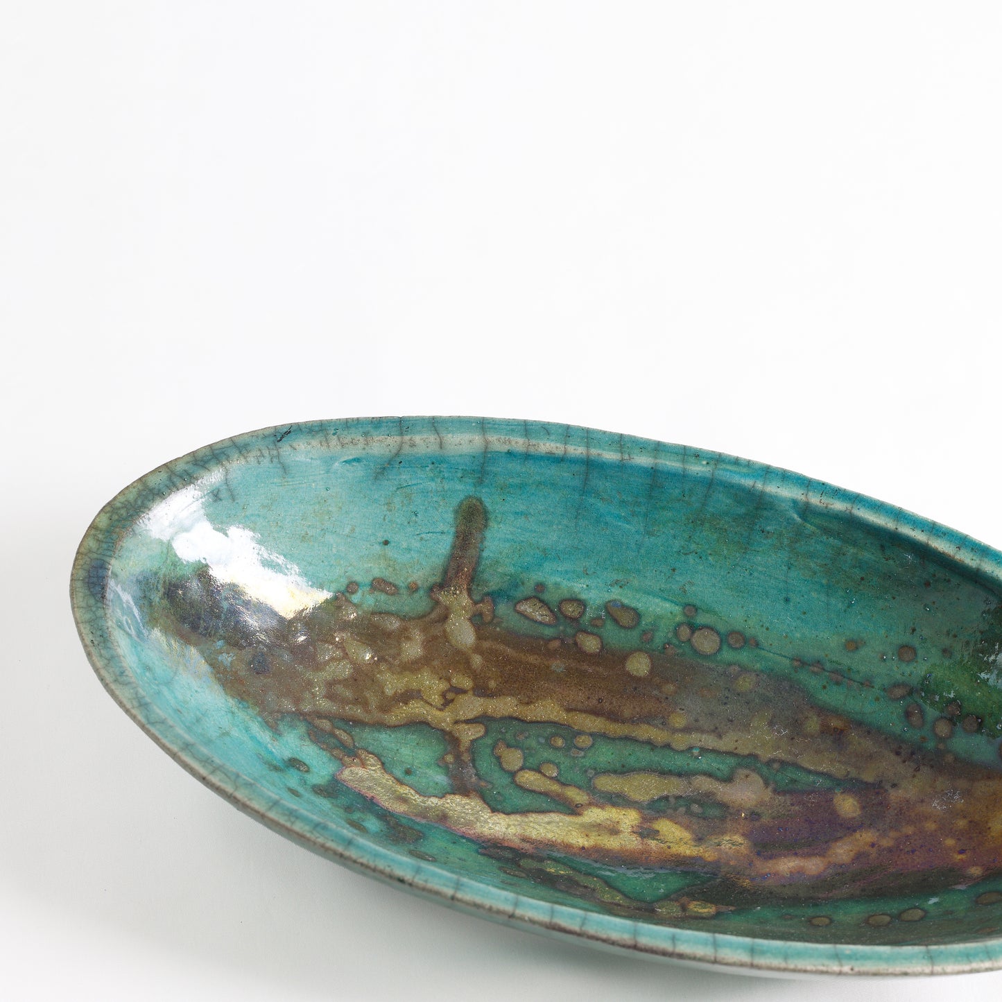 Japanese Modern Long Bowl Legged Raku Ceramic Green Copper