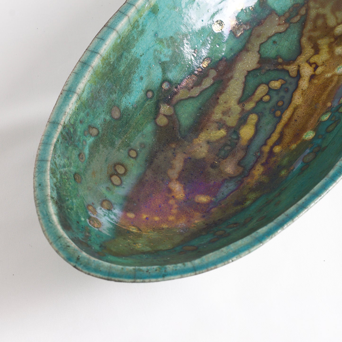Japanese Modern Long Bowl Legged Raku Ceramic Green Copper