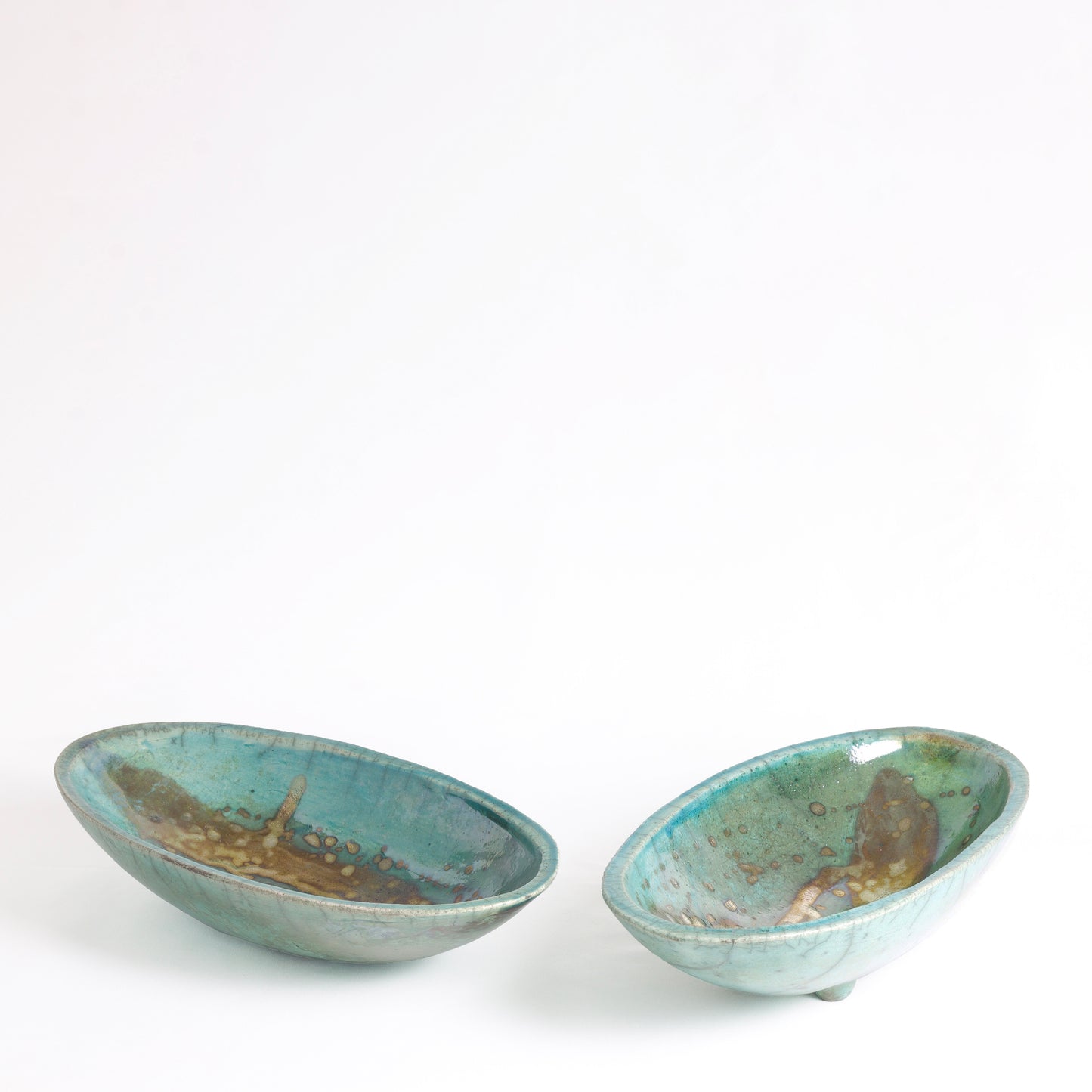 Japanese Modern Long Bowl Legged Raku Ceramic Green Copper