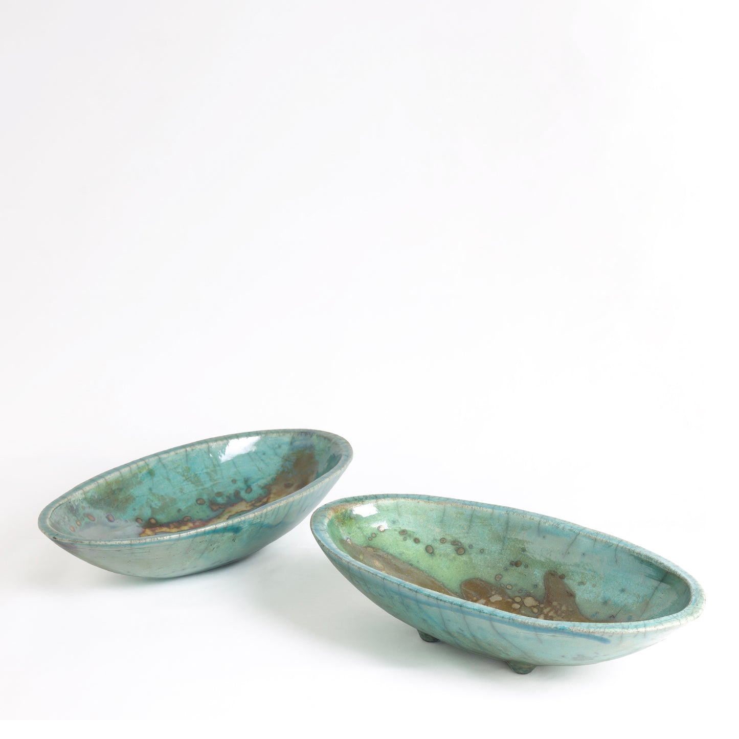 Japanese Modern Long Bowl Legged Raku Ceramic Green Copper