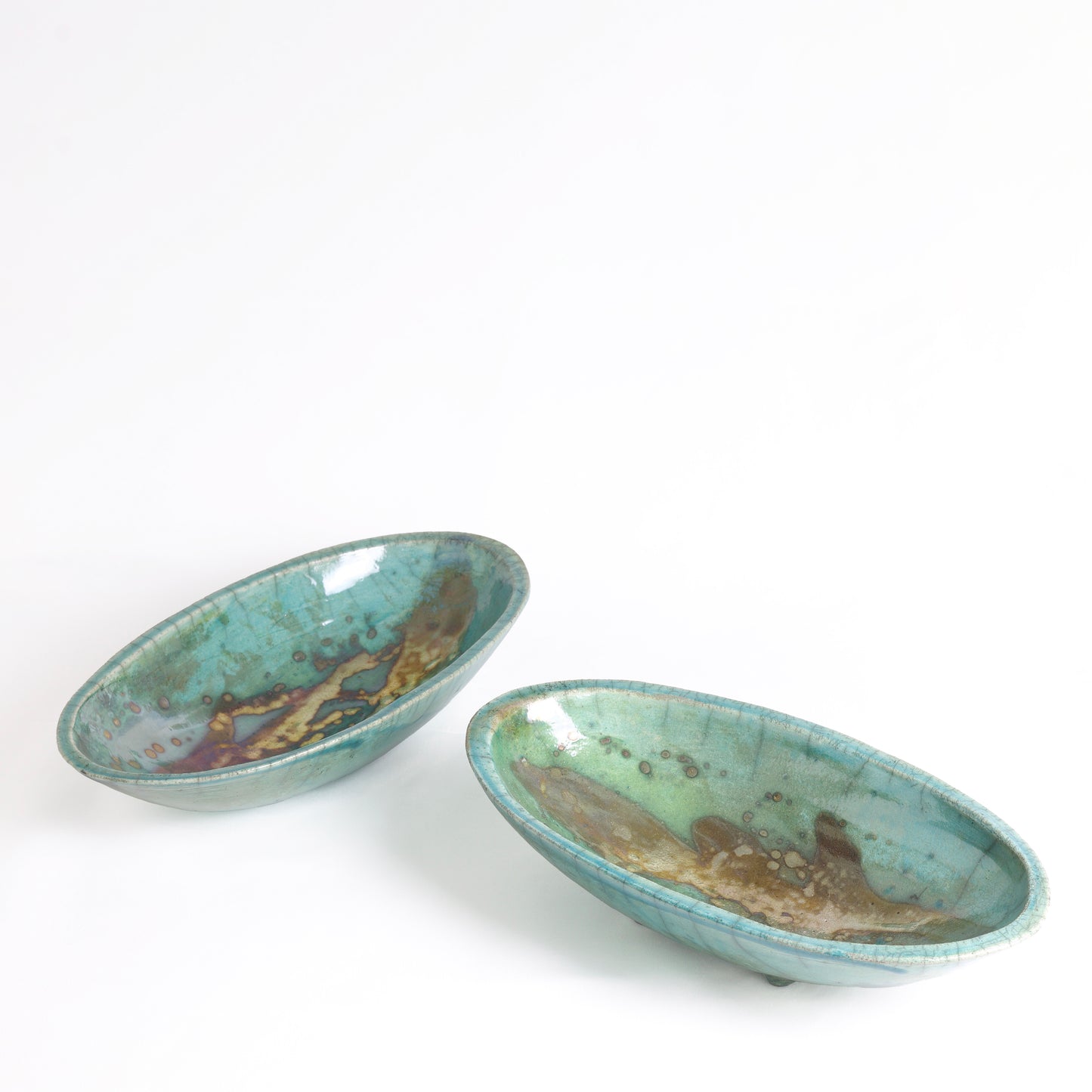 Japanese Modern Long Bowl Legged Raku Ceramic Green Copper