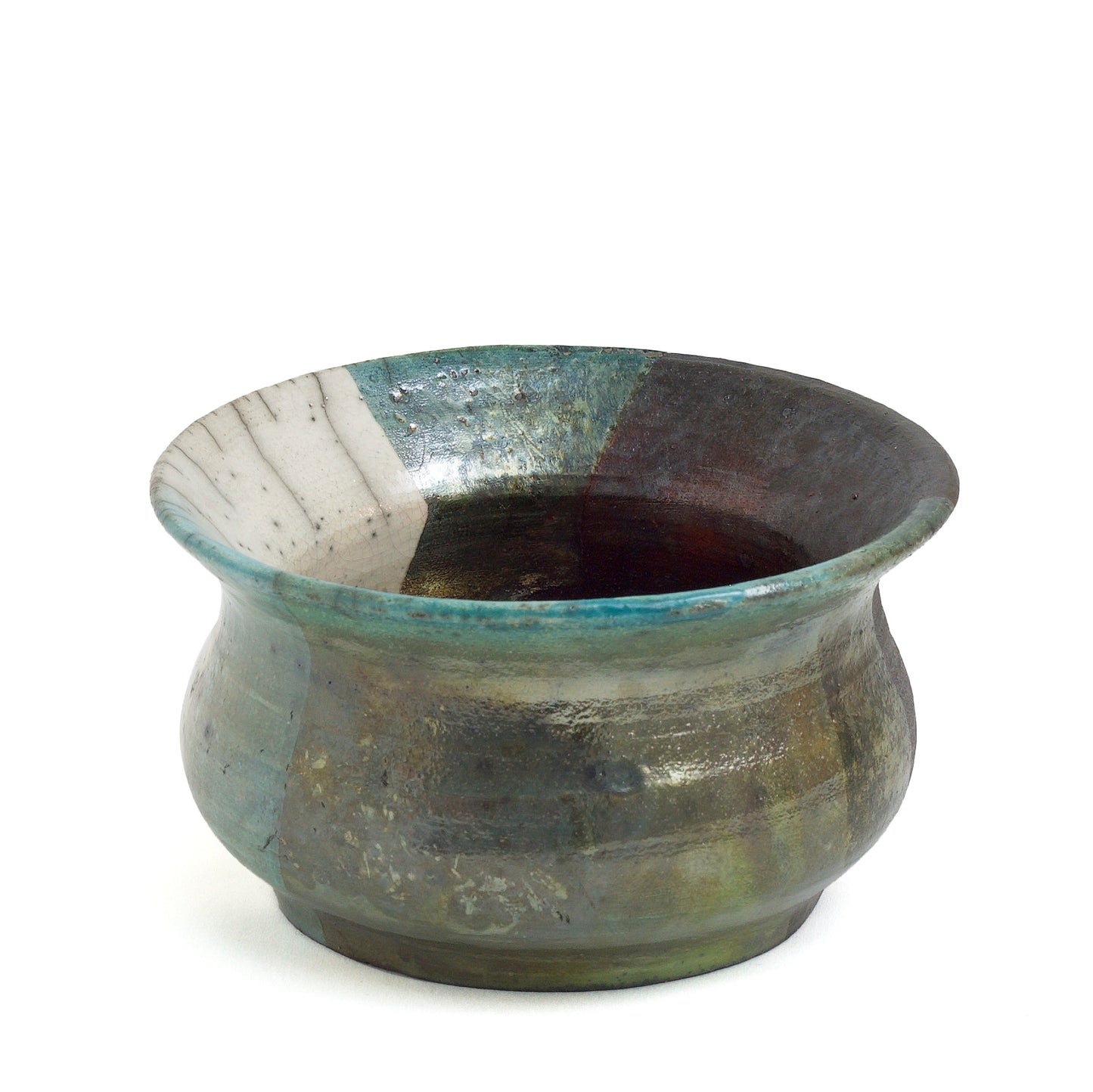 Japanese Modern Decisione Vase Raku Ceramic Black White Green Crakle Metal