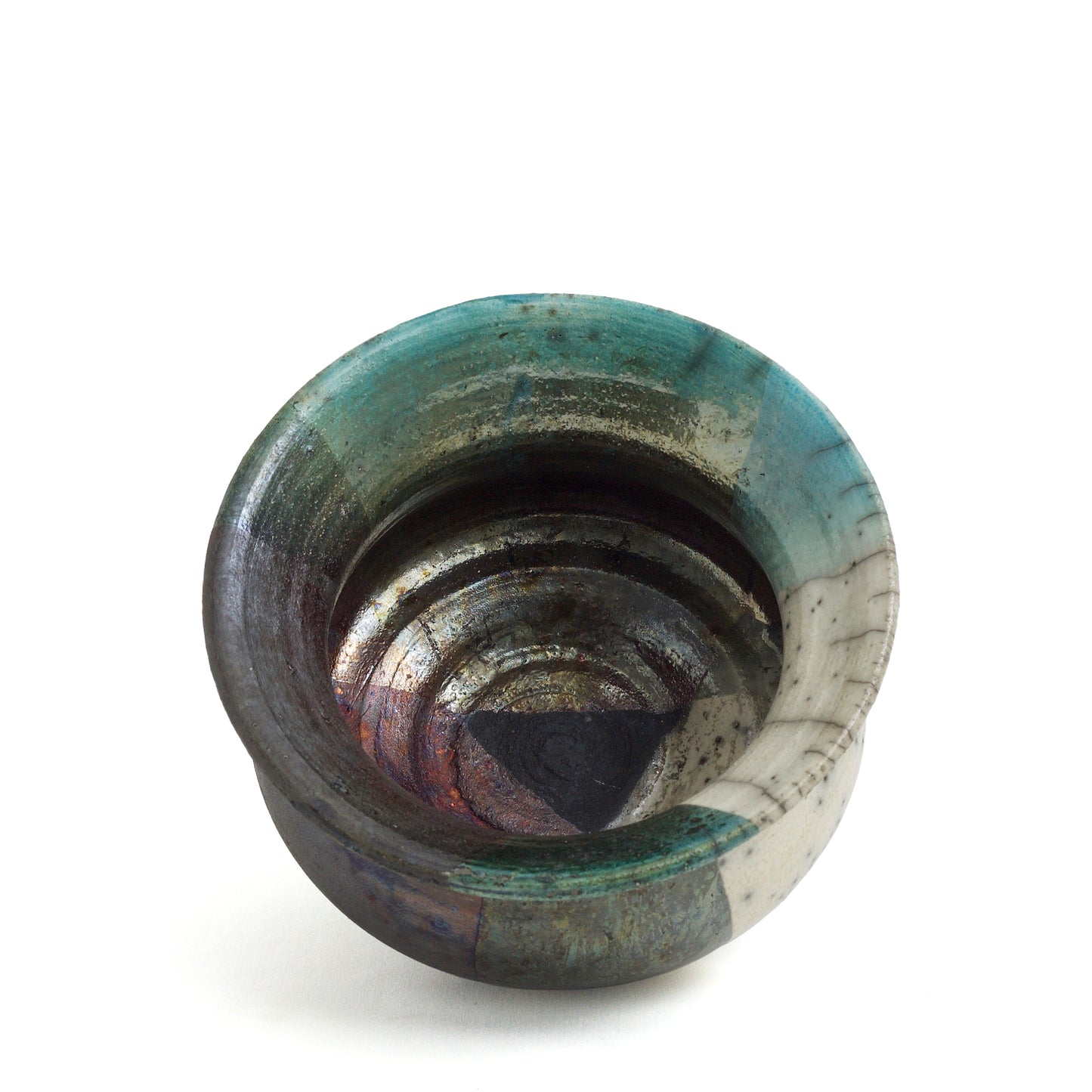 Japanese Modern Decisione Vase Raku Ceramic Black White Green Crakle Metal
