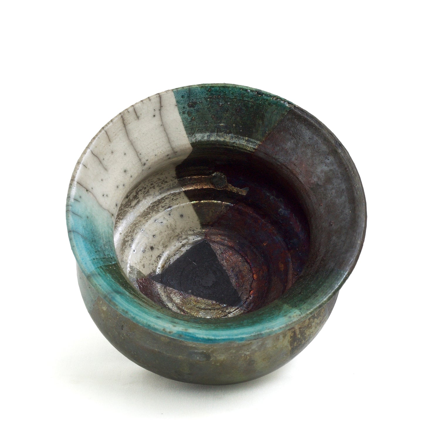 Japanese Modern Decisione Vase Raku Ceramic Black White Green Crakle Metal