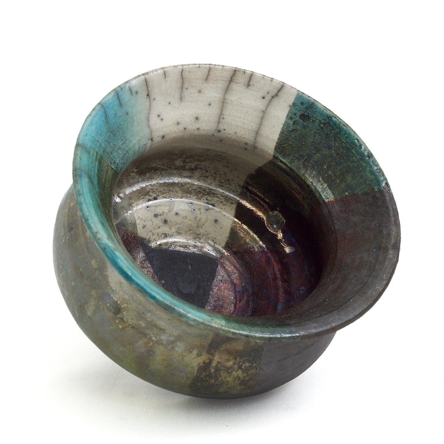 Japanese Modern Decisione Vase Raku Ceramic Black White Green Crakle Metal