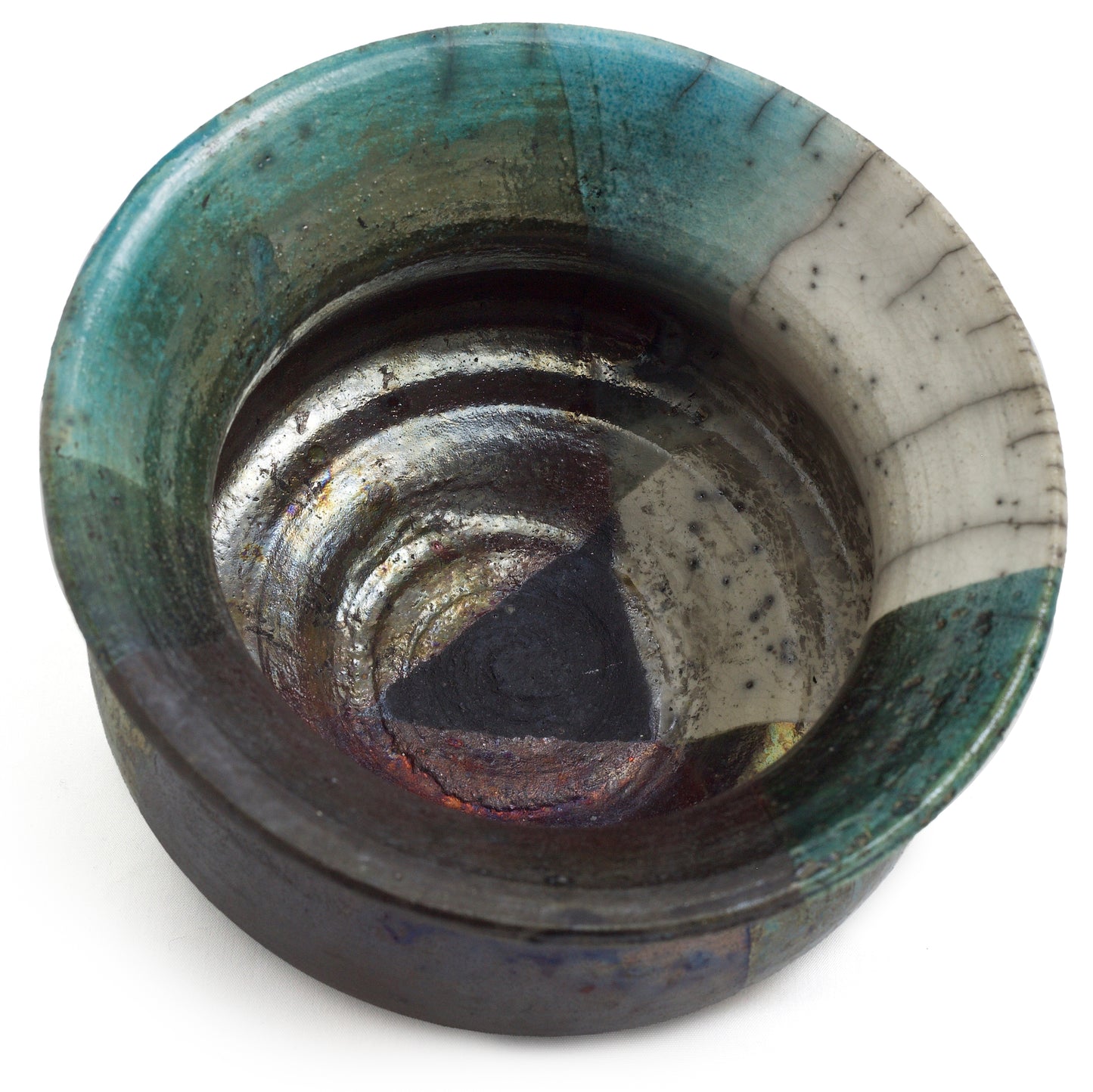 Japanese Modern Decisione Vase Raku Ceramic Black White Green Crakle Metal