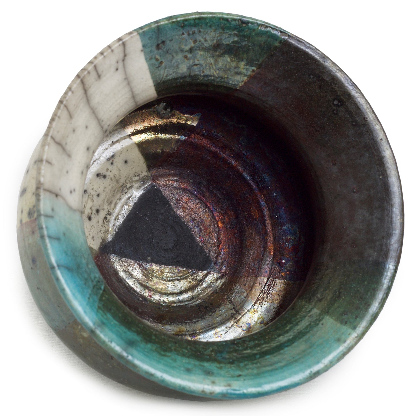 Japanese Modern Decisione Vase Raku Ceramic Black White Green Crakle Metal