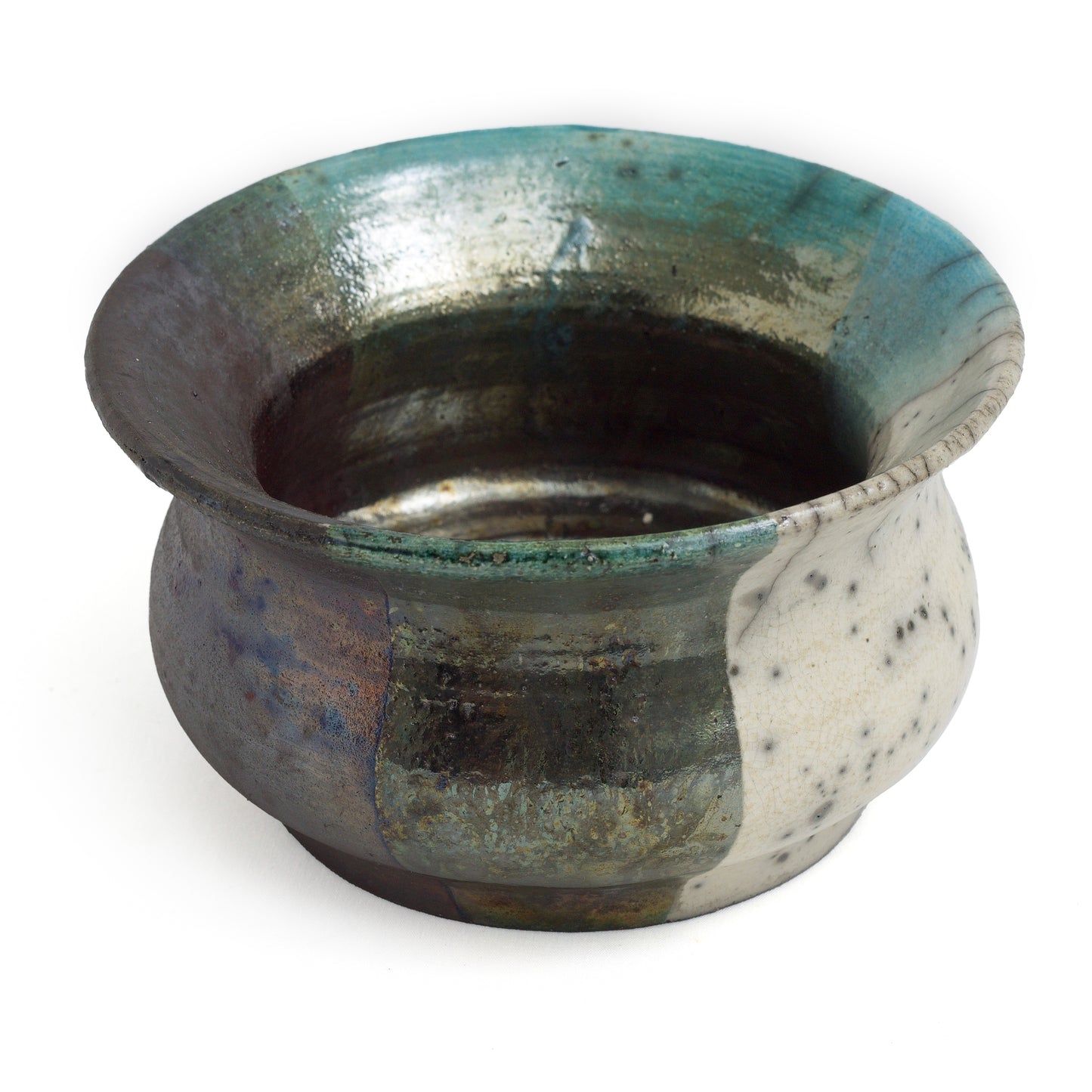 Japanese Modern Decisione Vase Raku Ceramic Black White Green Crakle Metal