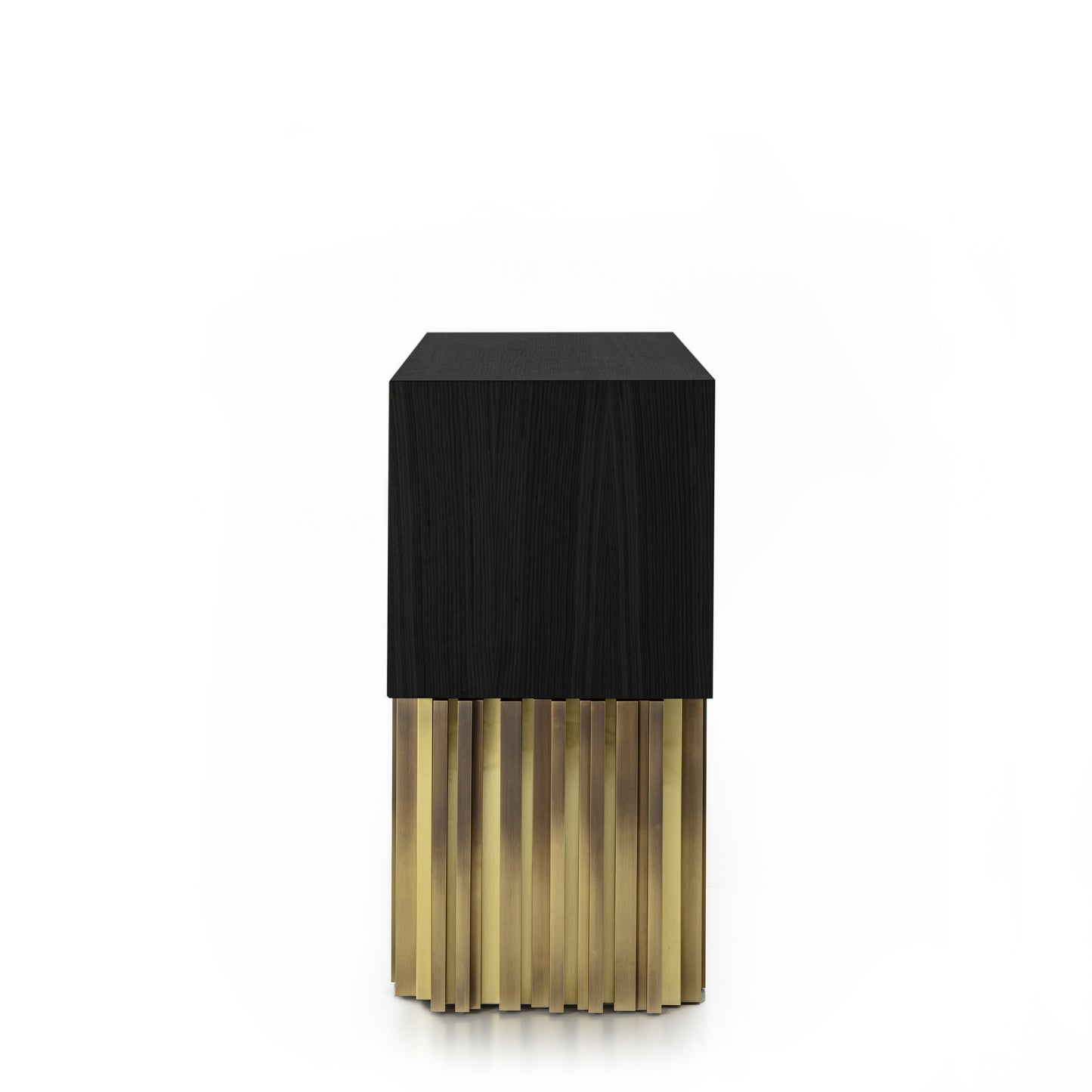 Sublime Vintage Sideboard with Brass Handmade Sculpture in Opaque Black Open Pore Striped Oak