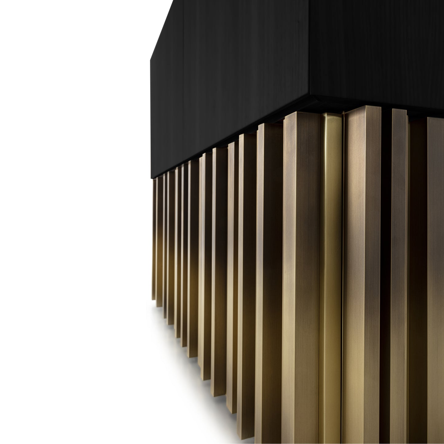 Sublime Vintage Sideboard with Brass Handmade Sculpture in Opaque Black Open Pore Striped Oak