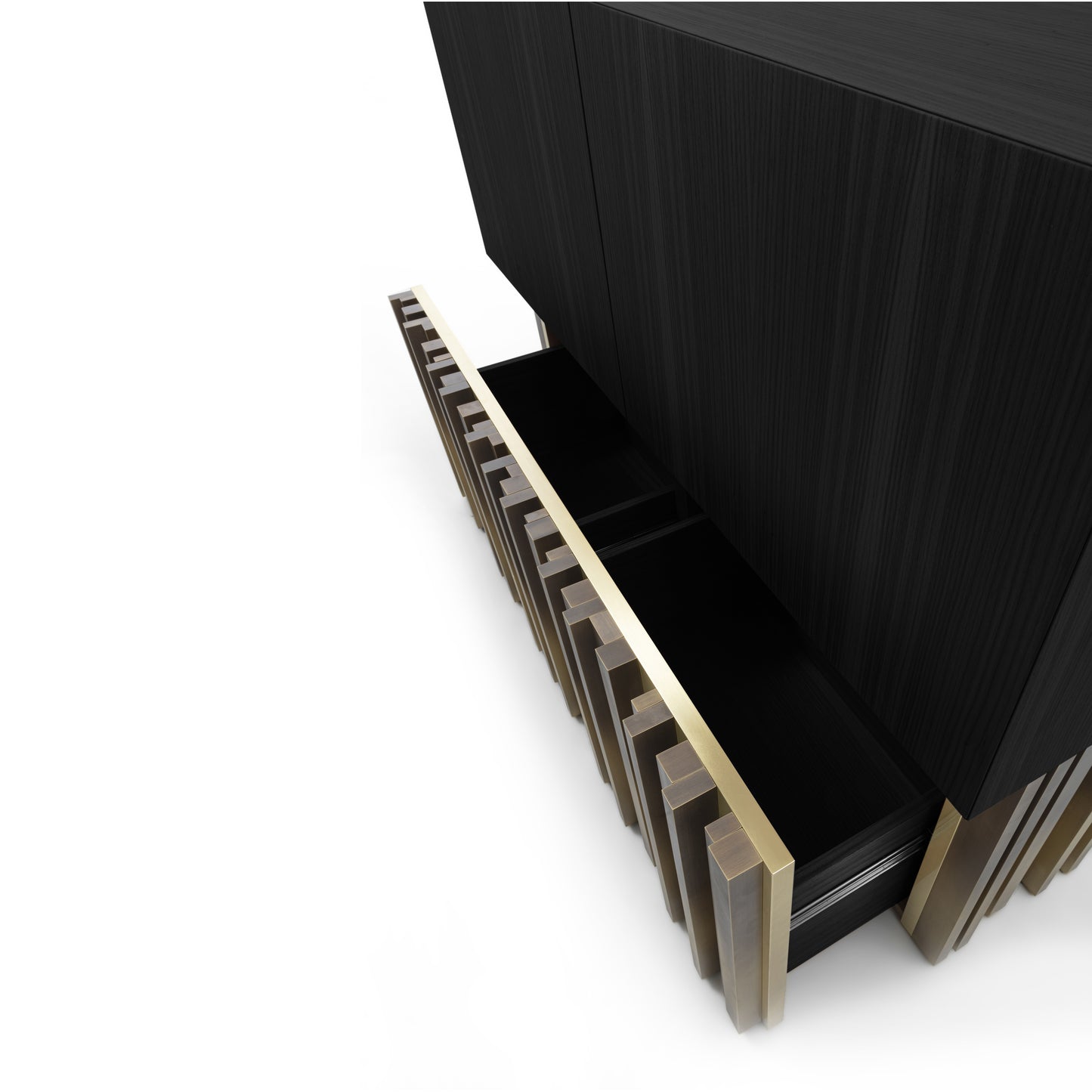 Sublime Vintage Sideboard with Brass Handmade Sculpture in Opaque Black Open Pore Striped Oak