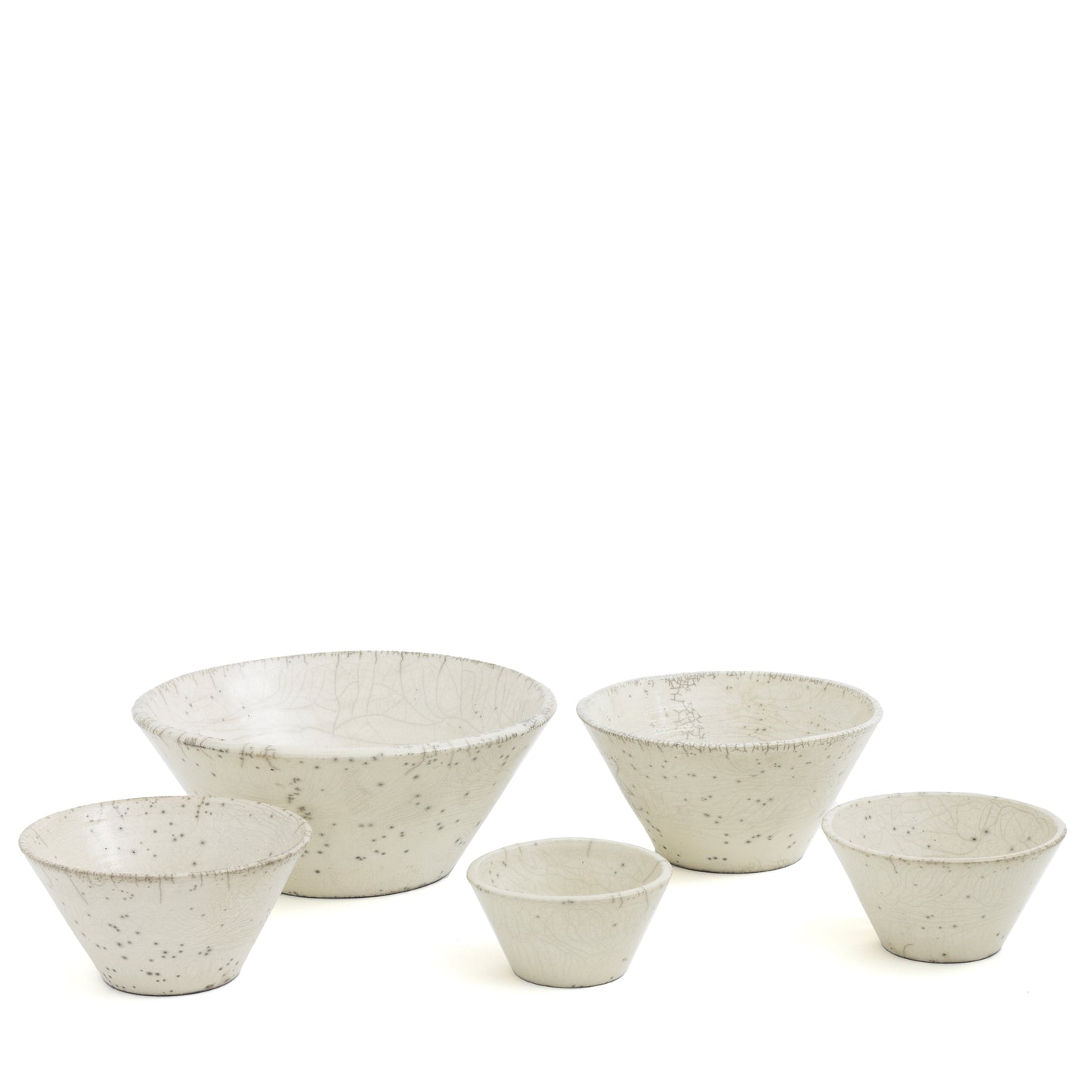 Japanese Minimalistic Moon Set of 5 Bowls Raku Ceramics Crackle White