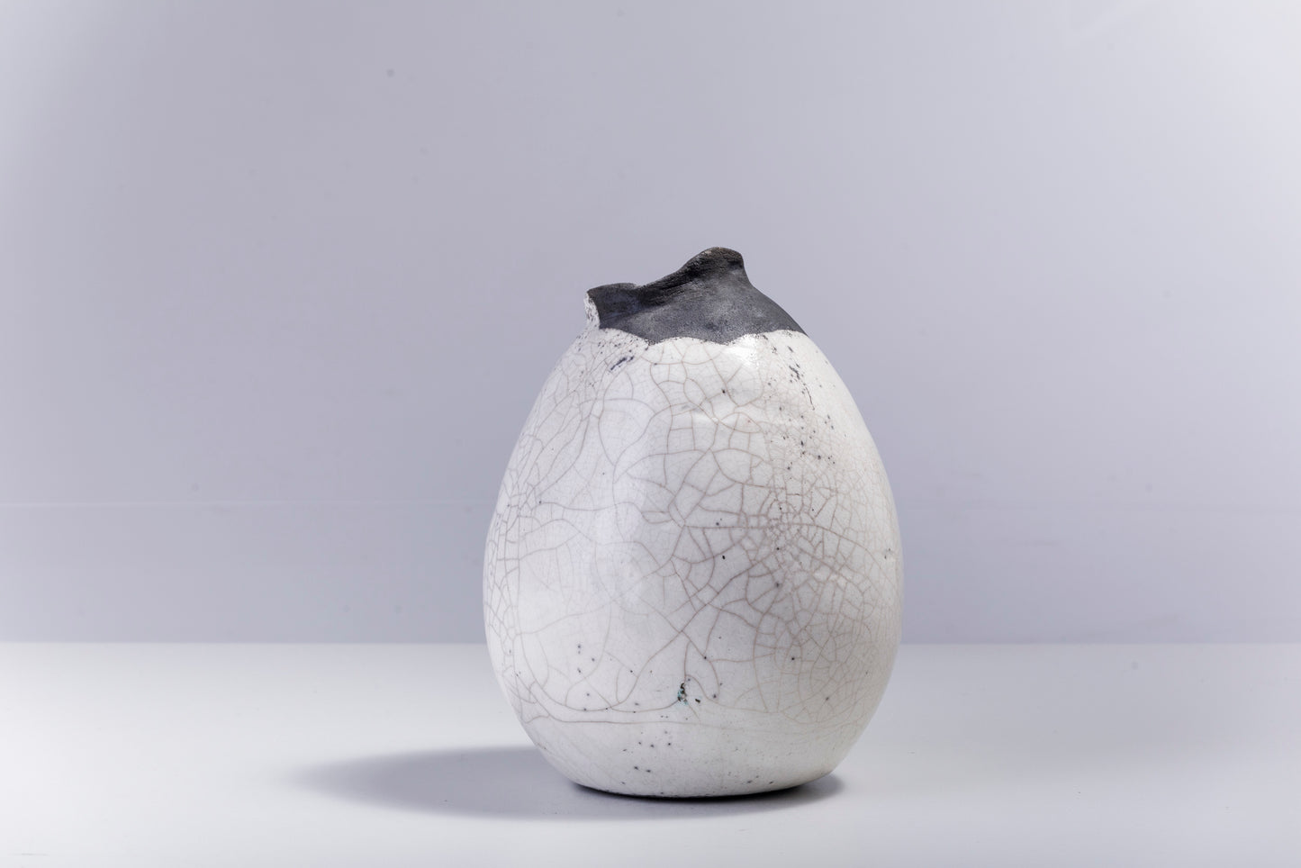 Japanese Modern Impermanenza Black Sculpture Raku Ceramic White Crakle