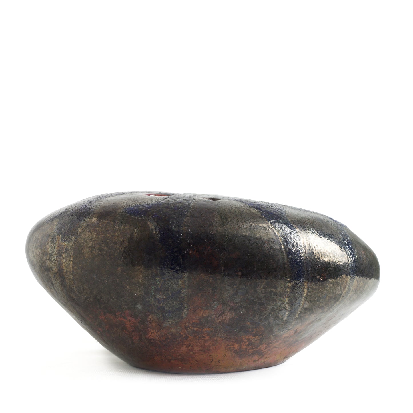 Modern River Pebble Ikebana Incense Holder Raku Ceramics Green Copper