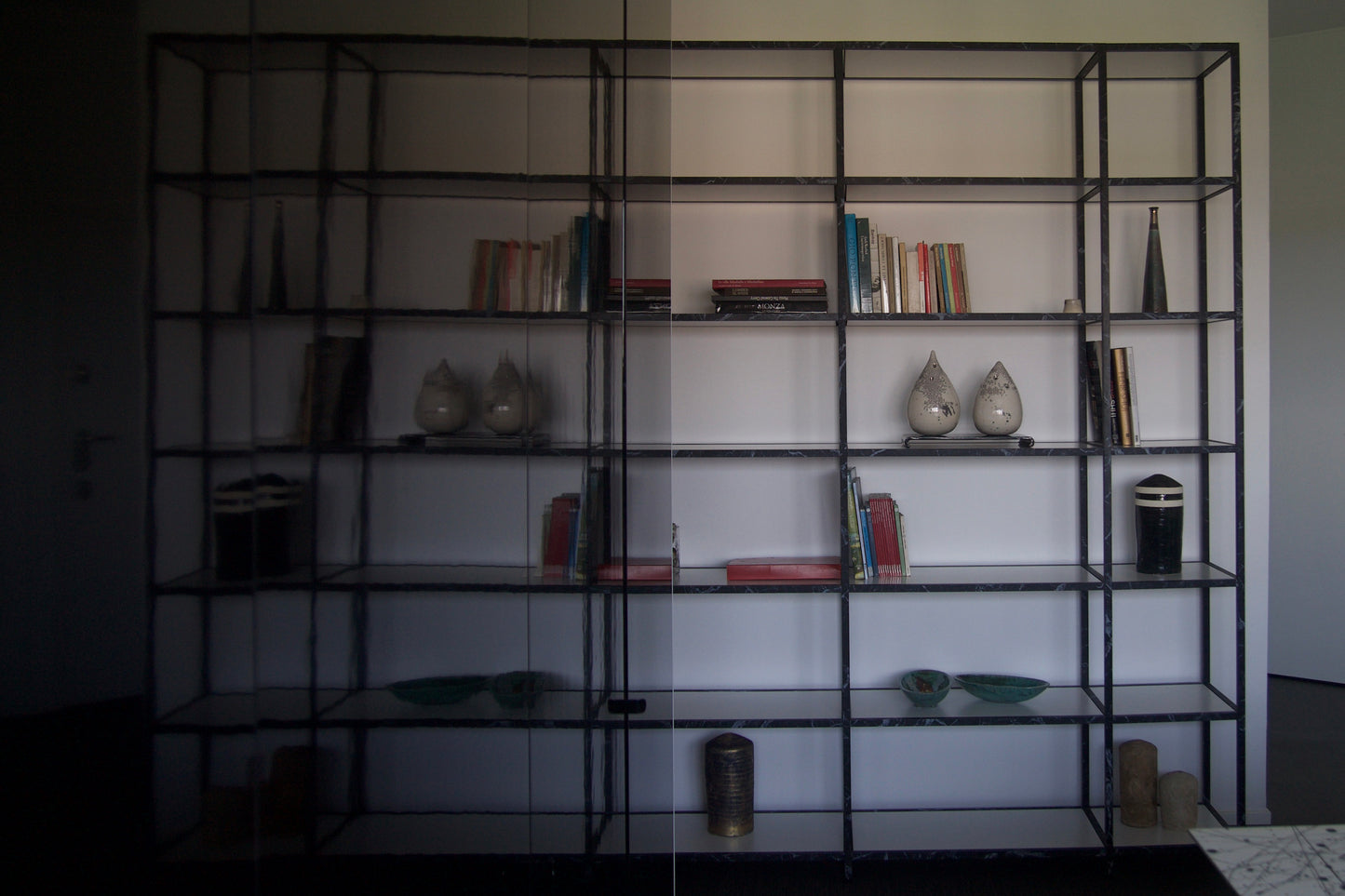 Spettro Minimalist Aluminium Bookcase Black Marquinia Marble Printing