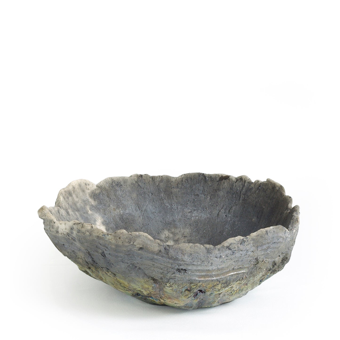 Modern Bark Bowl Raku Ceramic Black White Green Crackle Metal