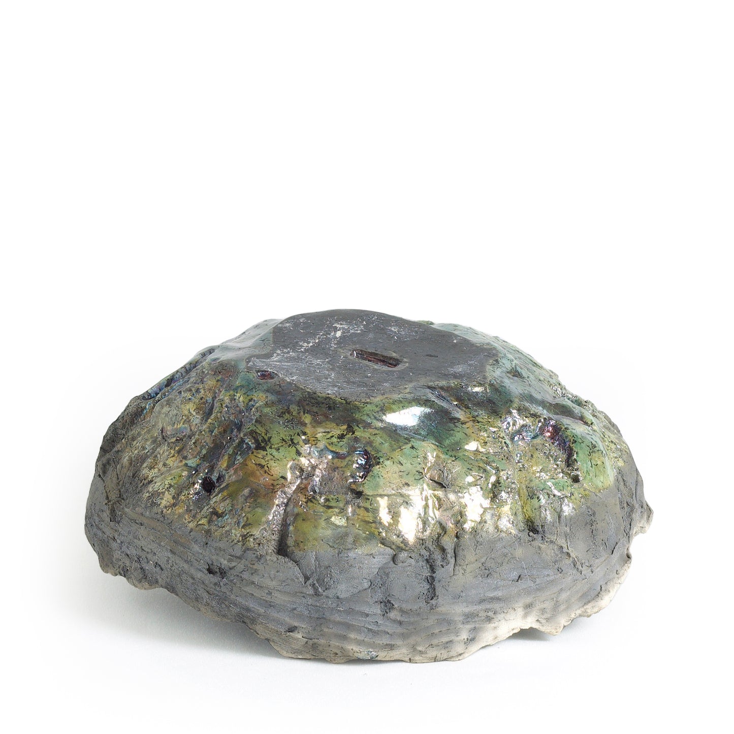 Modern Bark Bowl Raku Ceramic Black White Green Crackle Metal