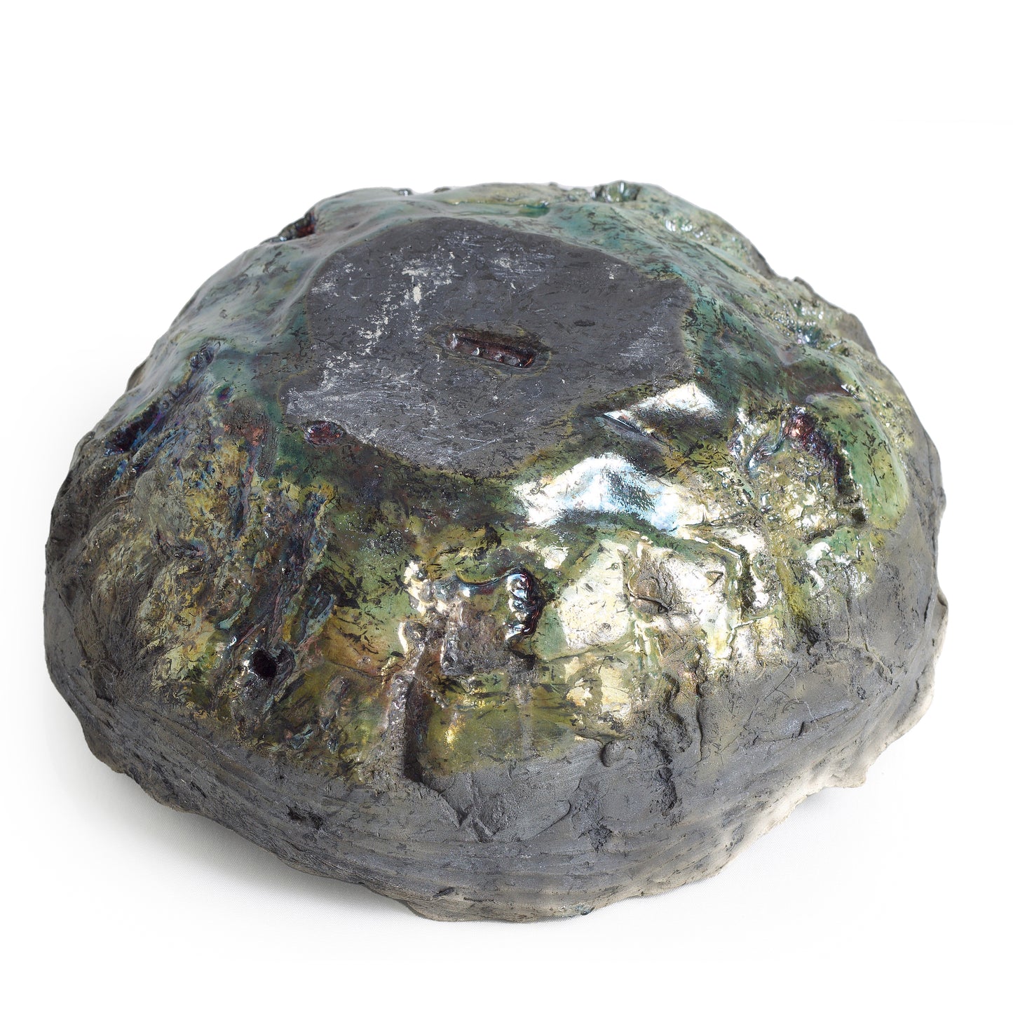 Modern Bark Bowl Raku Ceramic Black White Green Crackle Metal